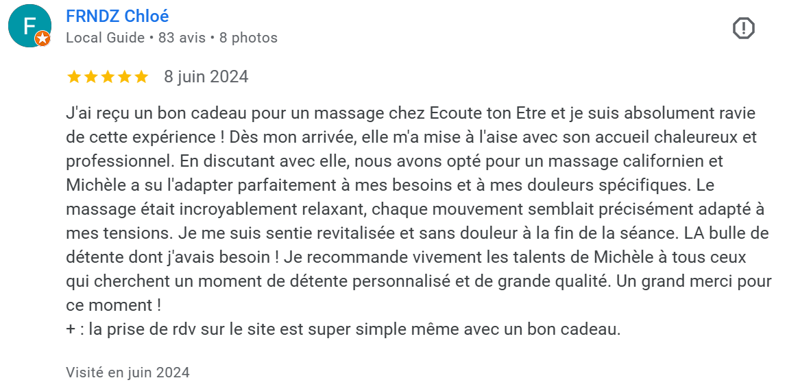 Avis excellent sur la page Google daté de juin 2024, avec 5 étoiles de notation et une description positive de l'expérience de massage avec Michèle.