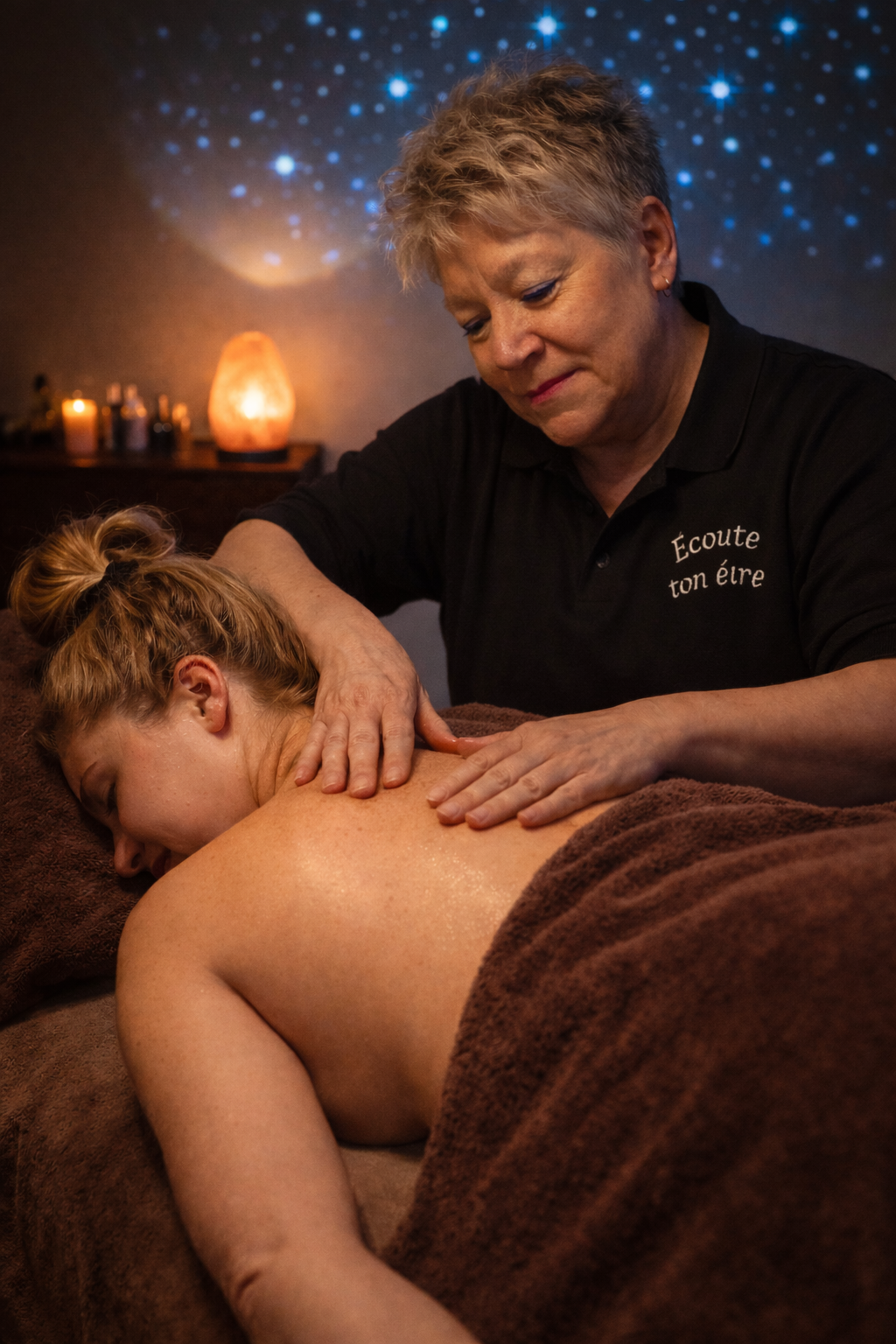 Une femme reçoit un massage dans un spa avec un fond de déco relaxante et une lumière douce.