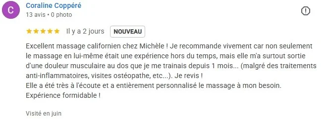 Comment le massage peut soulager de grosses tensions musculaires qui n'avaient été solutionnées ni avec des anti-inflammatoires ni avec l'ostéopathe... L'avis très positif d'une cliente en souffrance depuis un mois.