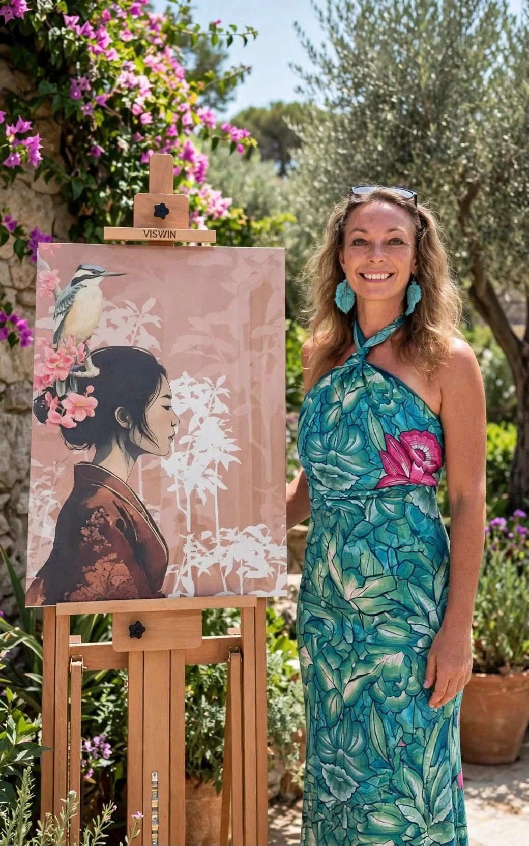 Una mujer sonriente con vestido azul con estampado de hojas y flores, de cabello rubio ondulado, de pie junto a una pintura de una mujer japonesa con kimono, rodeada de flores y árboles en un jardín exterior.