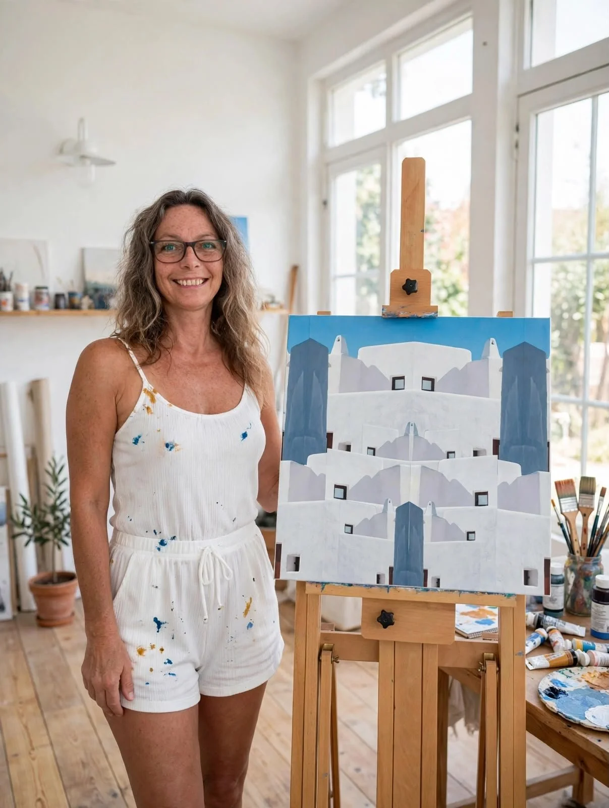 Una mujer sonriente con gafas, ropa blanca con manchas de pintura, frente a un caballete con pintura de un edificio blanco con cúpulas y columnas azules en un estudio de arte luminoso