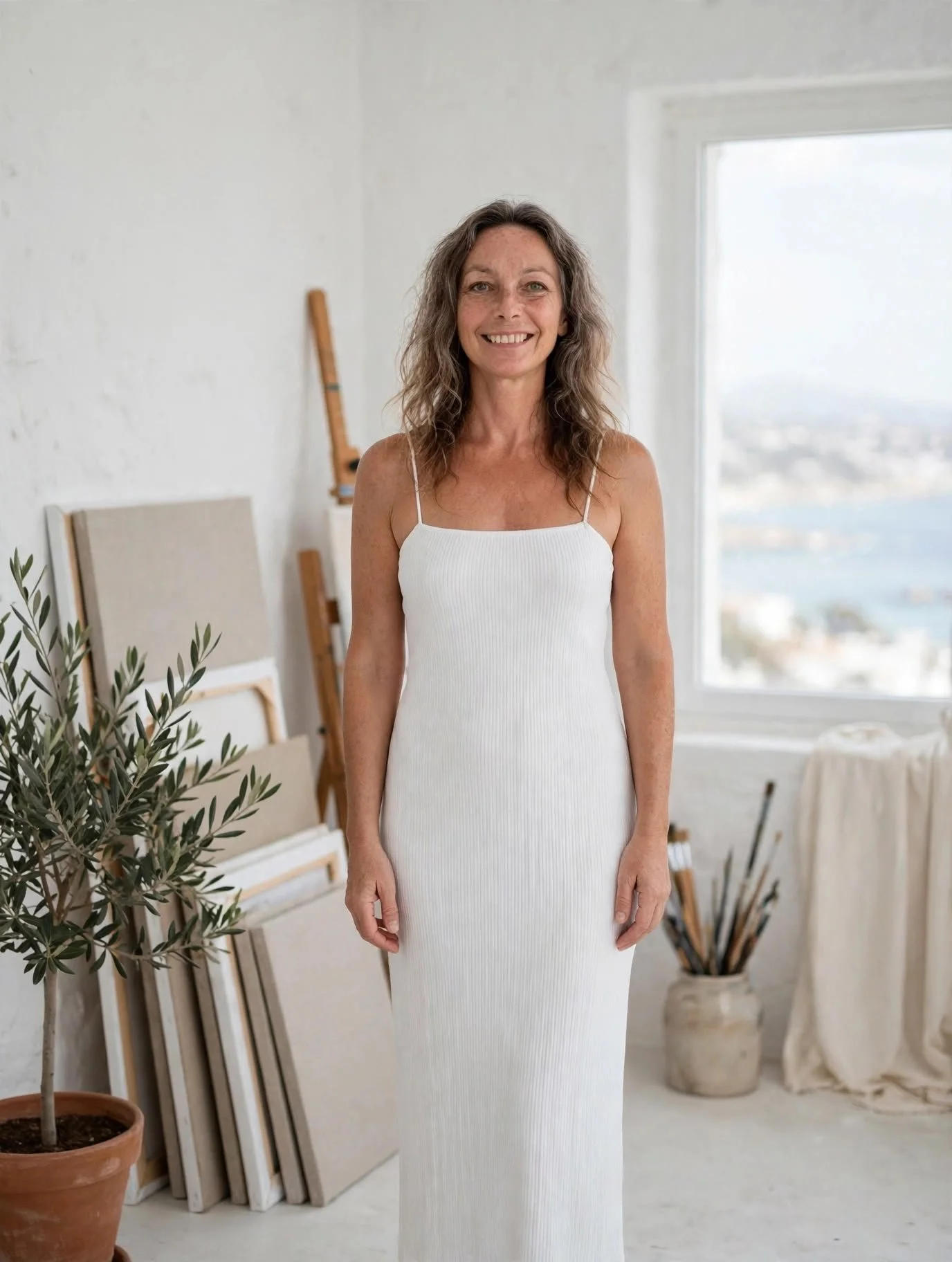 Mujer sonriendo con vestido blanco en un estudio con plantas y lienzos.