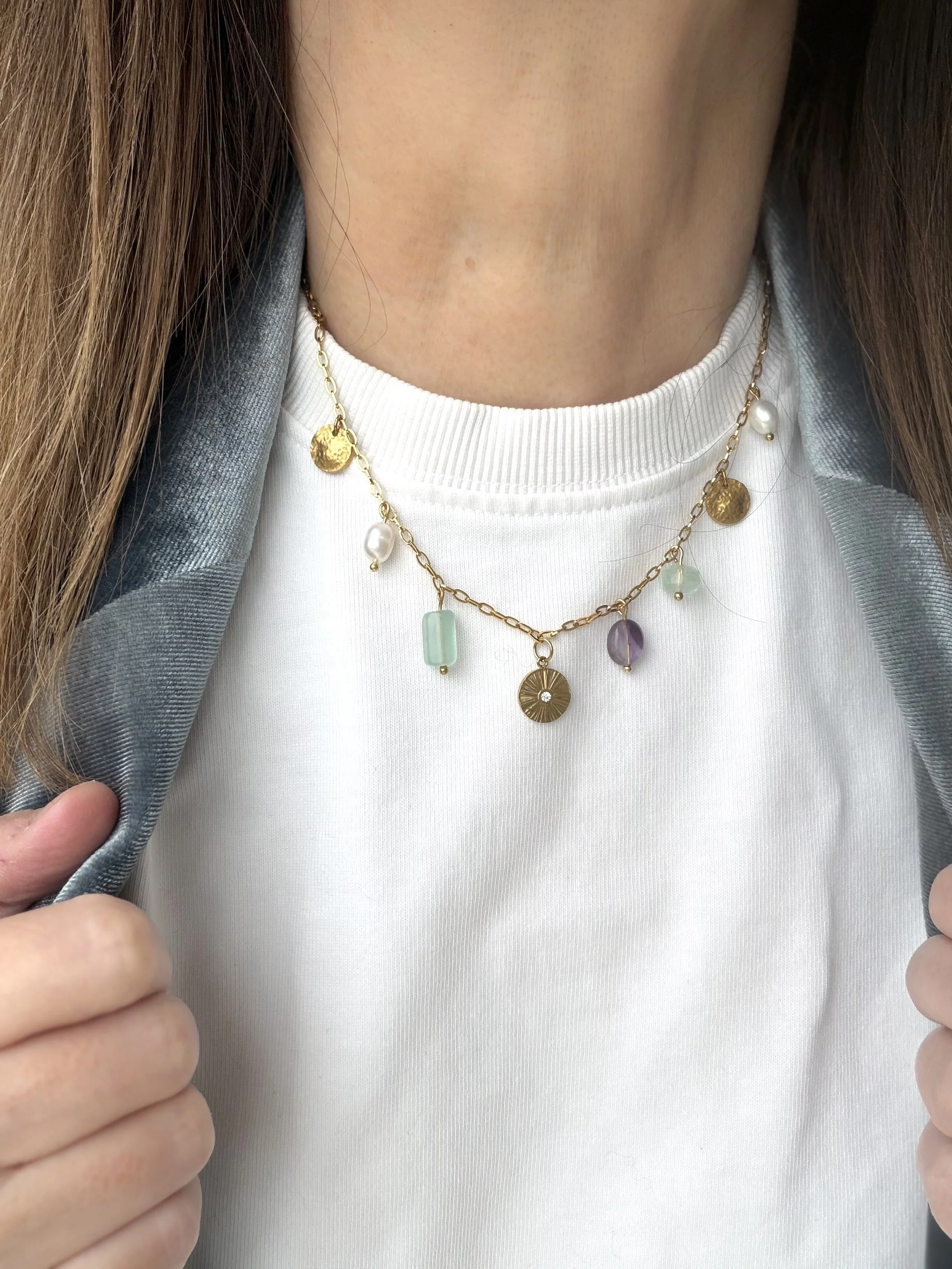 Collier MANUELLA Fluorite-Améthyste-Perle d'eau douce