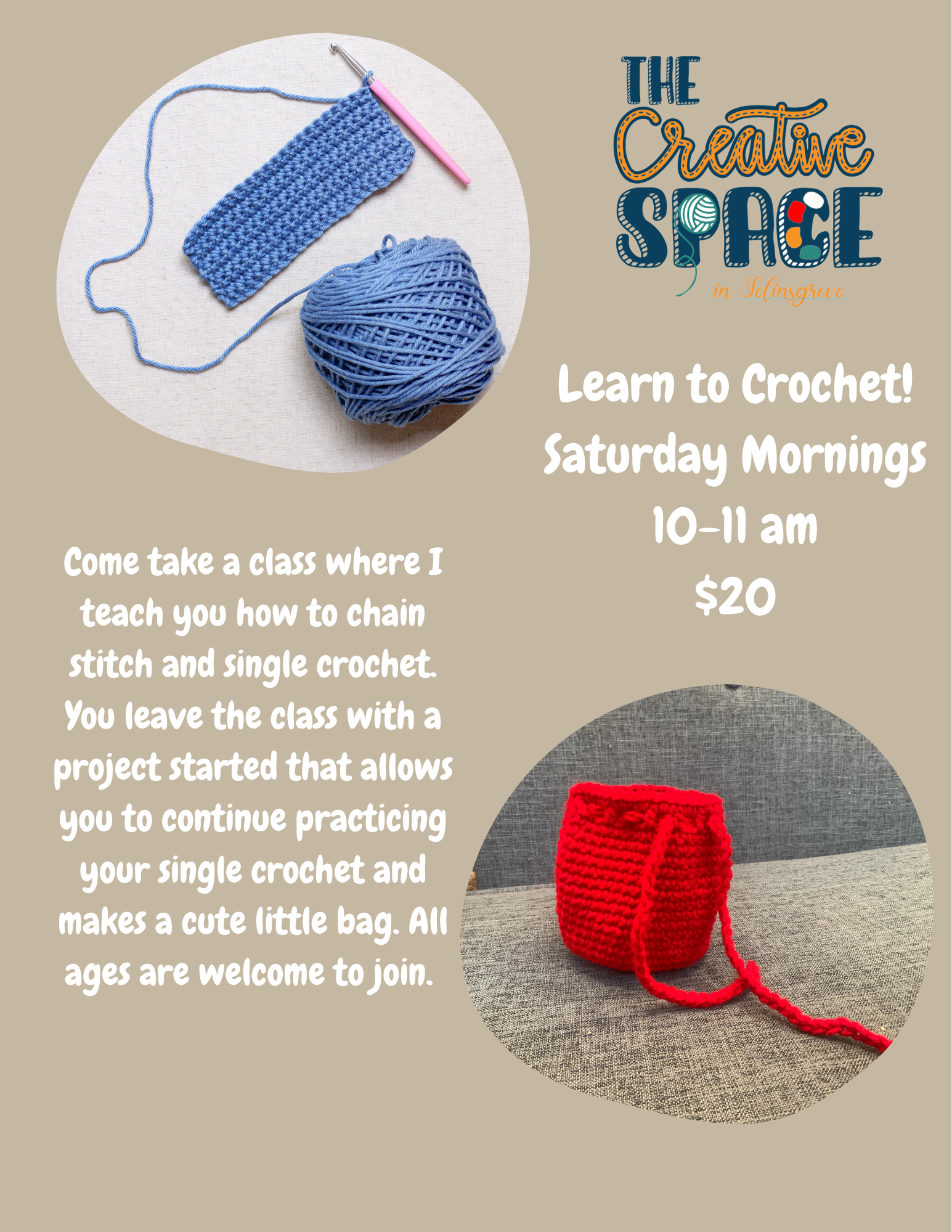 Come take a class where I teach you how to chain stitch and single crochet. You leave the class with a project started that allows you to continue practicing your single crochet and makes a cute l.png