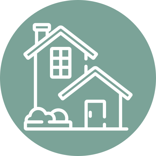 Simple line drawing of a house with a chimney, window, door, and bushes, on a green circular background.