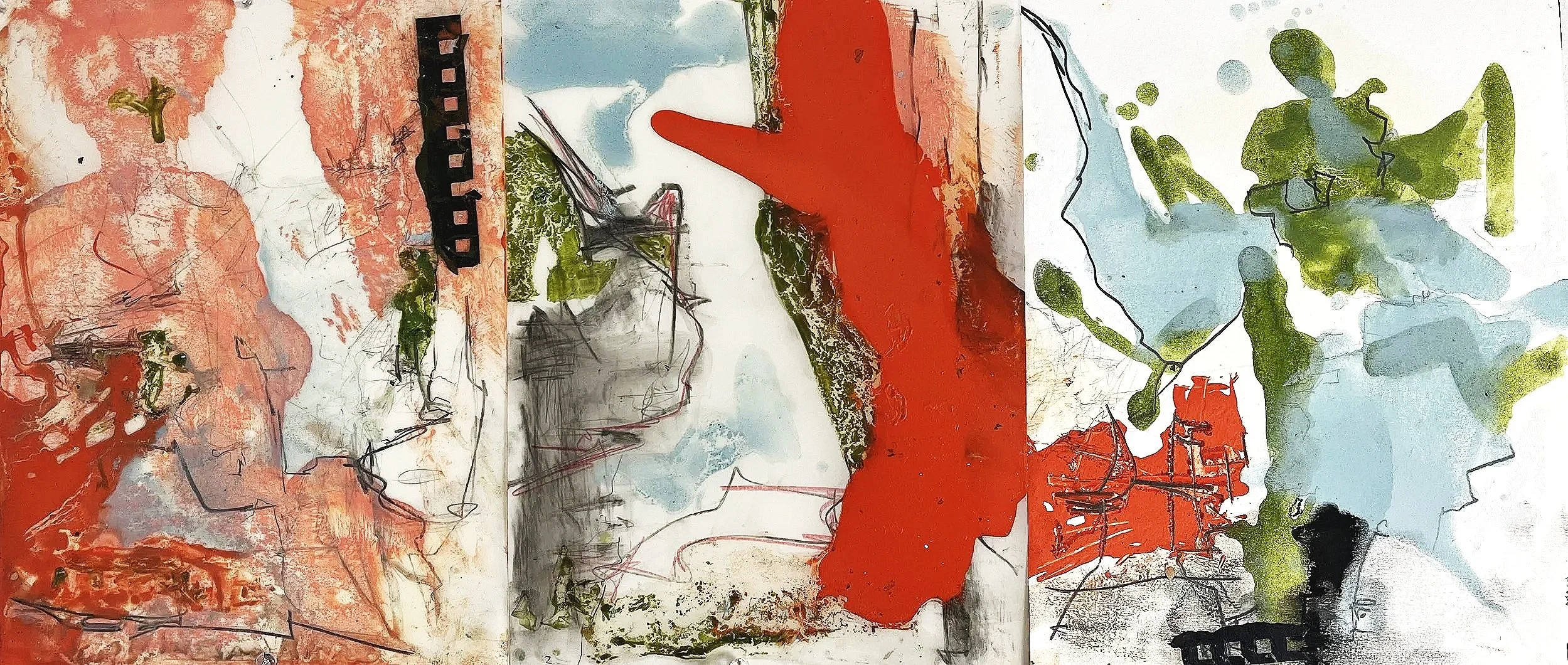 Train window - mixed media on mylar, triptych 12"x25", 2024