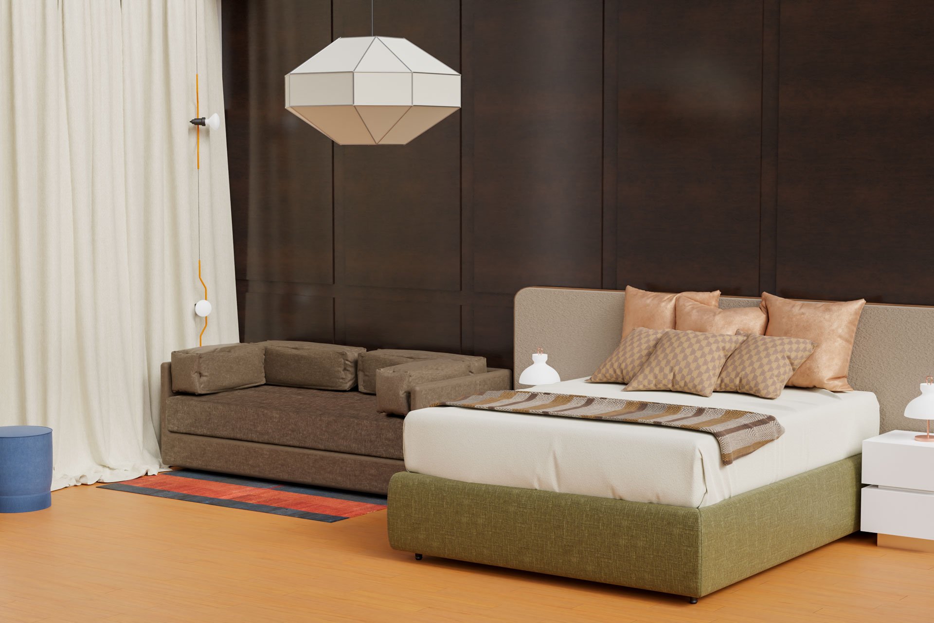 Clean lines, nice colors and a mix of wood and steel Contemporary design with a 70’s twist