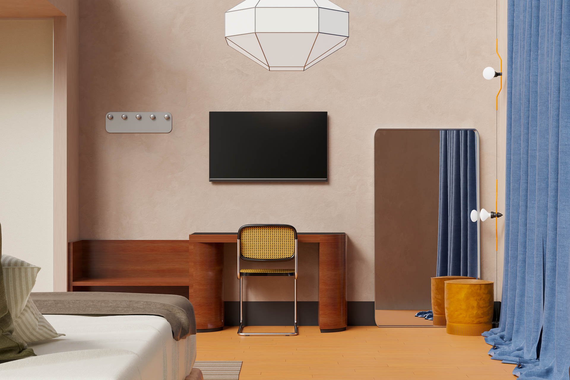 Clean lines, nice colors and a mix of wood and steel Contemporary design with a 70’s twist