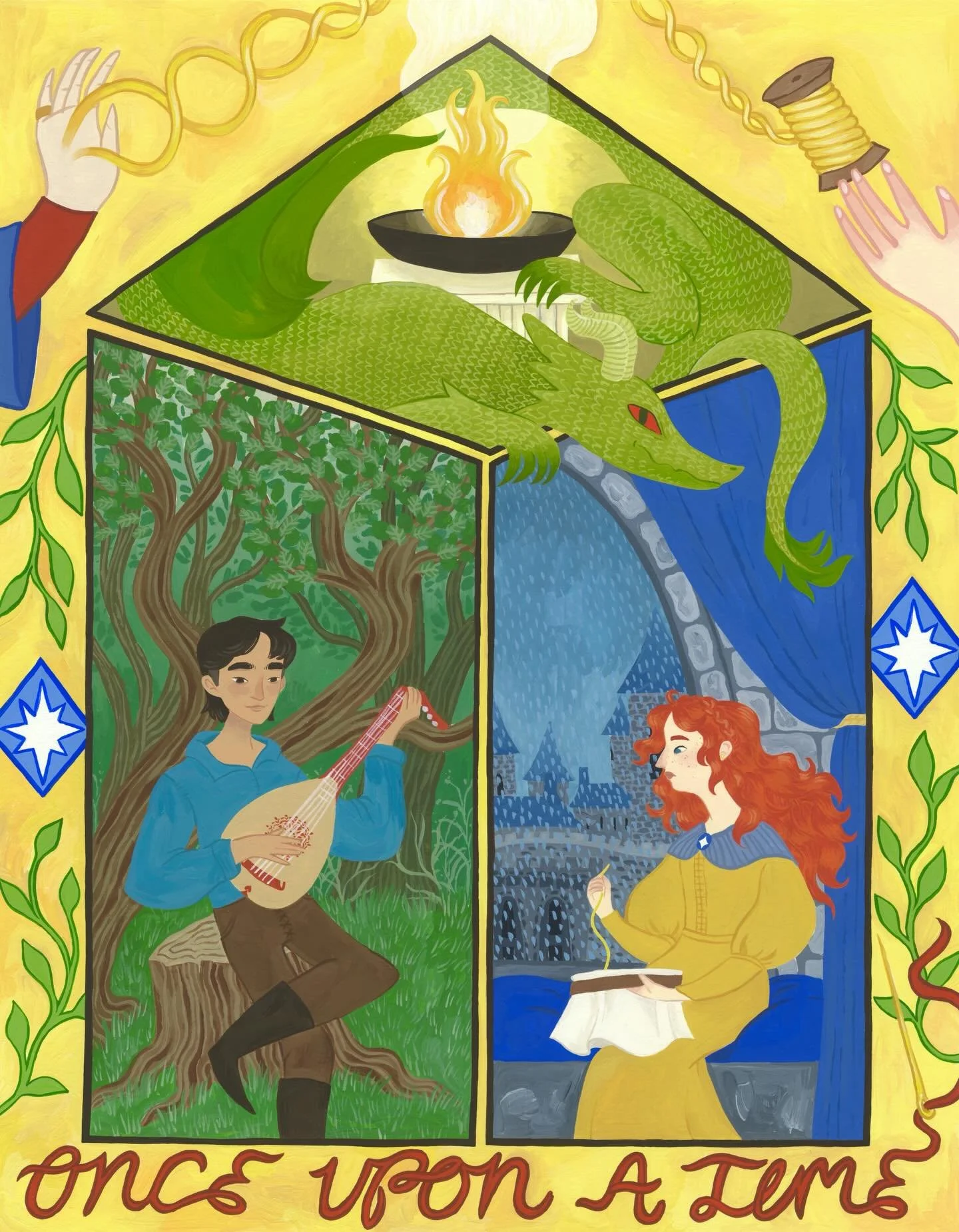 finally finished this big one! What&rsquo;s so fun about this painting is that it&rsquo;s people I&rsquo;ve completely made up and motifs that only mean things to me lmao 
***
Feeling very medieval with this percolating story! Wanted the borders espe