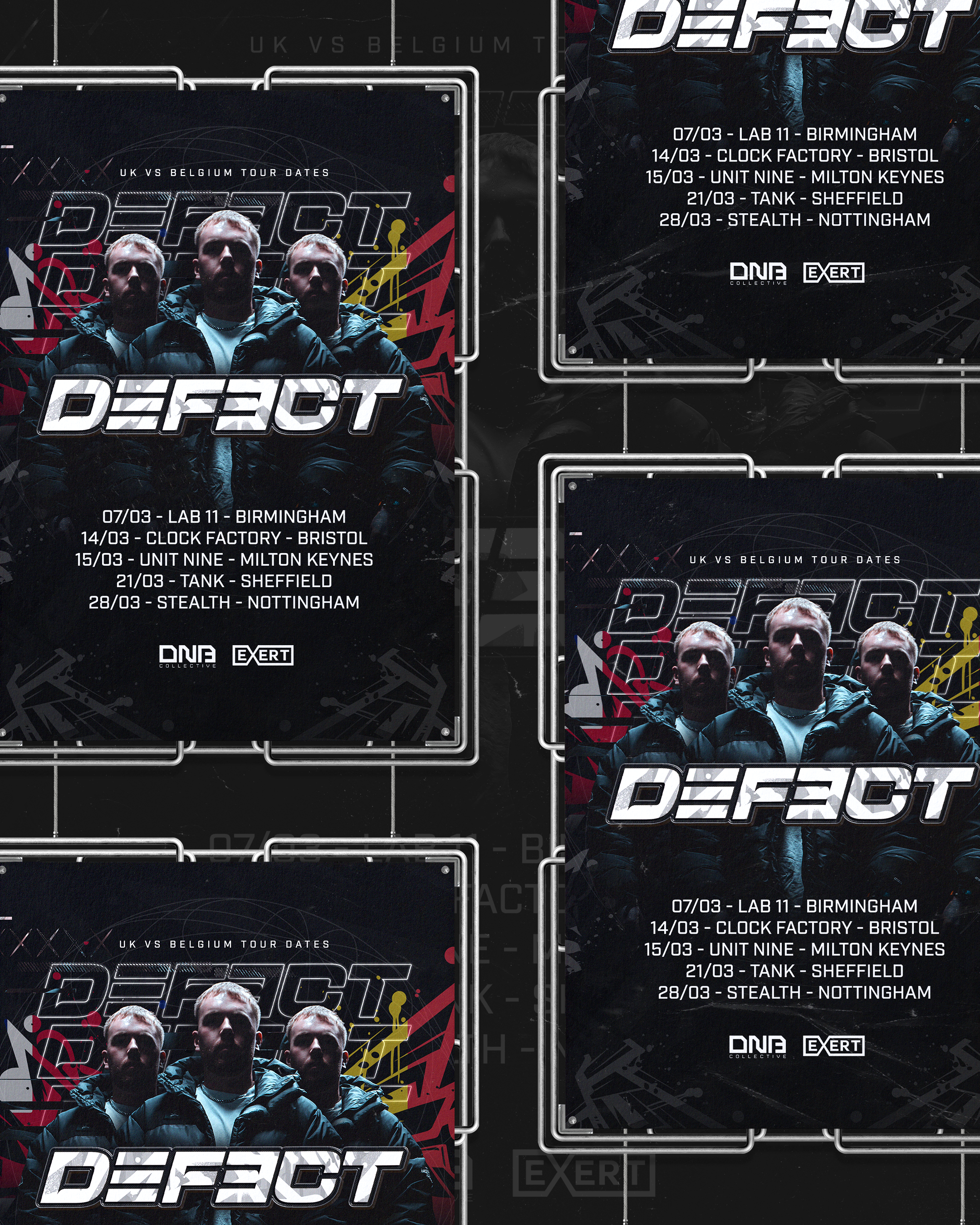Promotional posters for Defact, a UK vs Belgium tour, featuring a picture of three men in dark hoodies, with tour dates and locations listed.