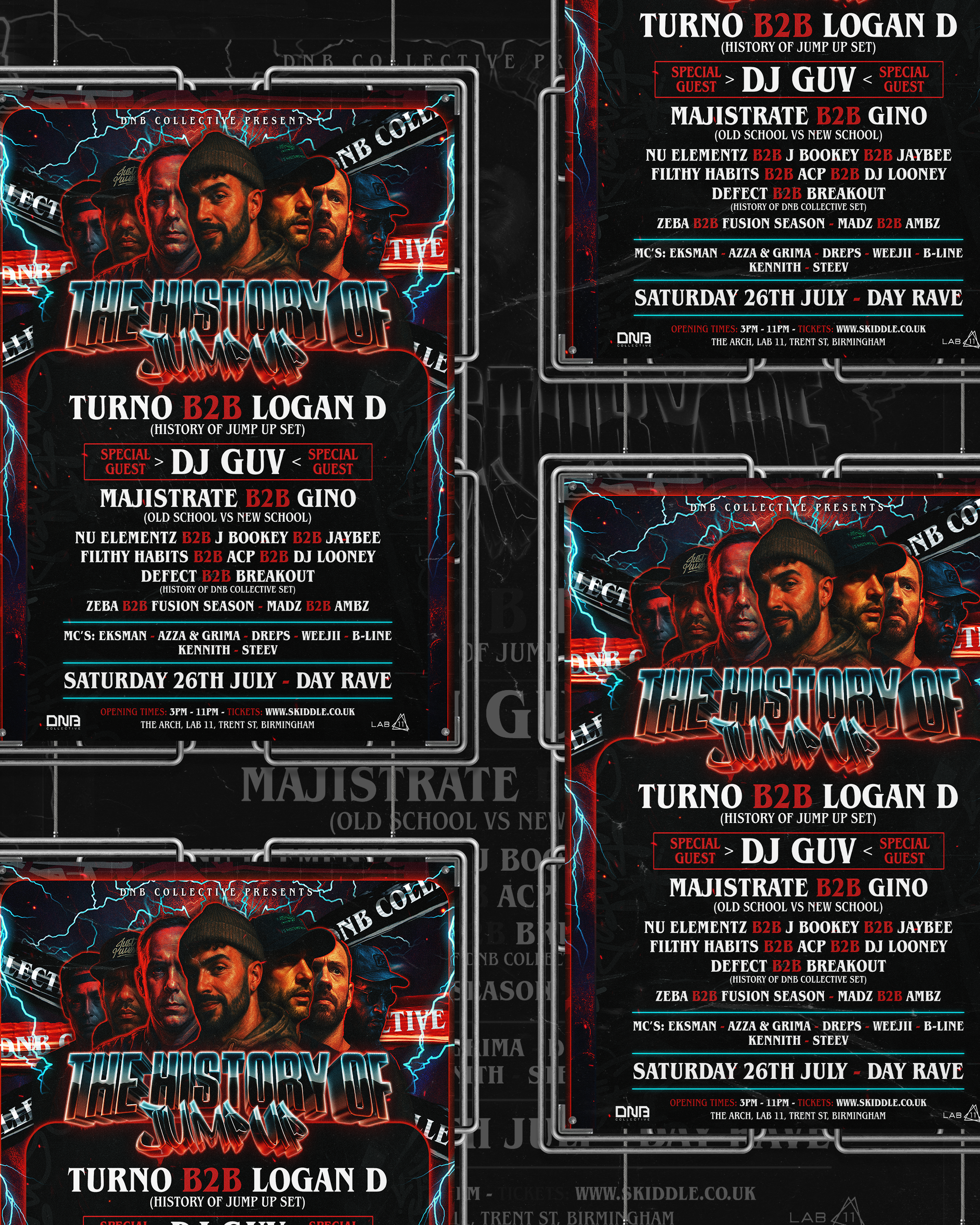 Multiple copies of a concert flyer for an event titled "The History of Jump" featuring DJ GUV, GINO, J Bookey, Jaybee, and more, with a dark background, portraits of five men, lightning effects, and red and blue text details about the event on July 2