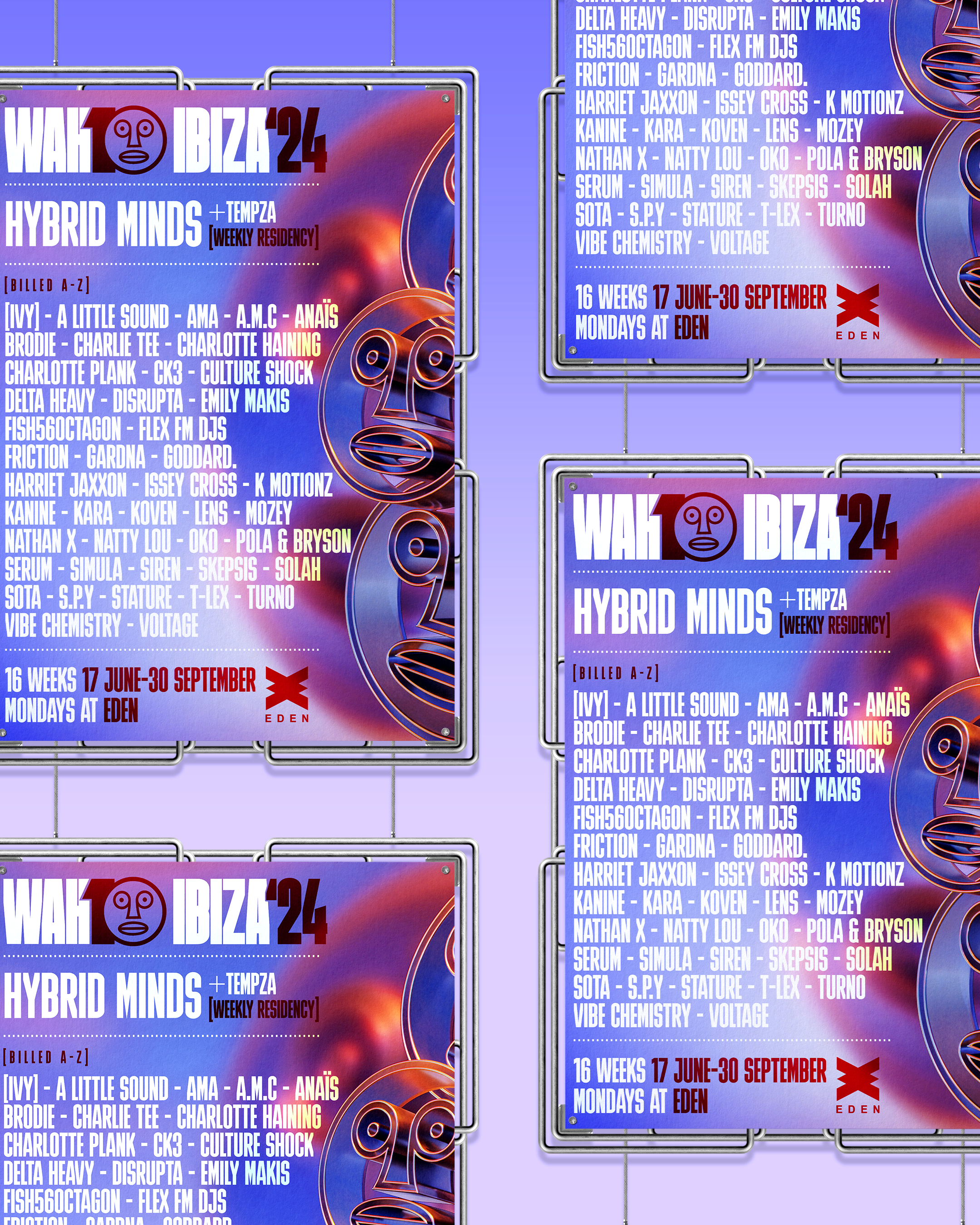 Event poster for WAH IBIZA '24 featuring lineup and schedule details, with a purple background, stylized text, and a logo in the center.