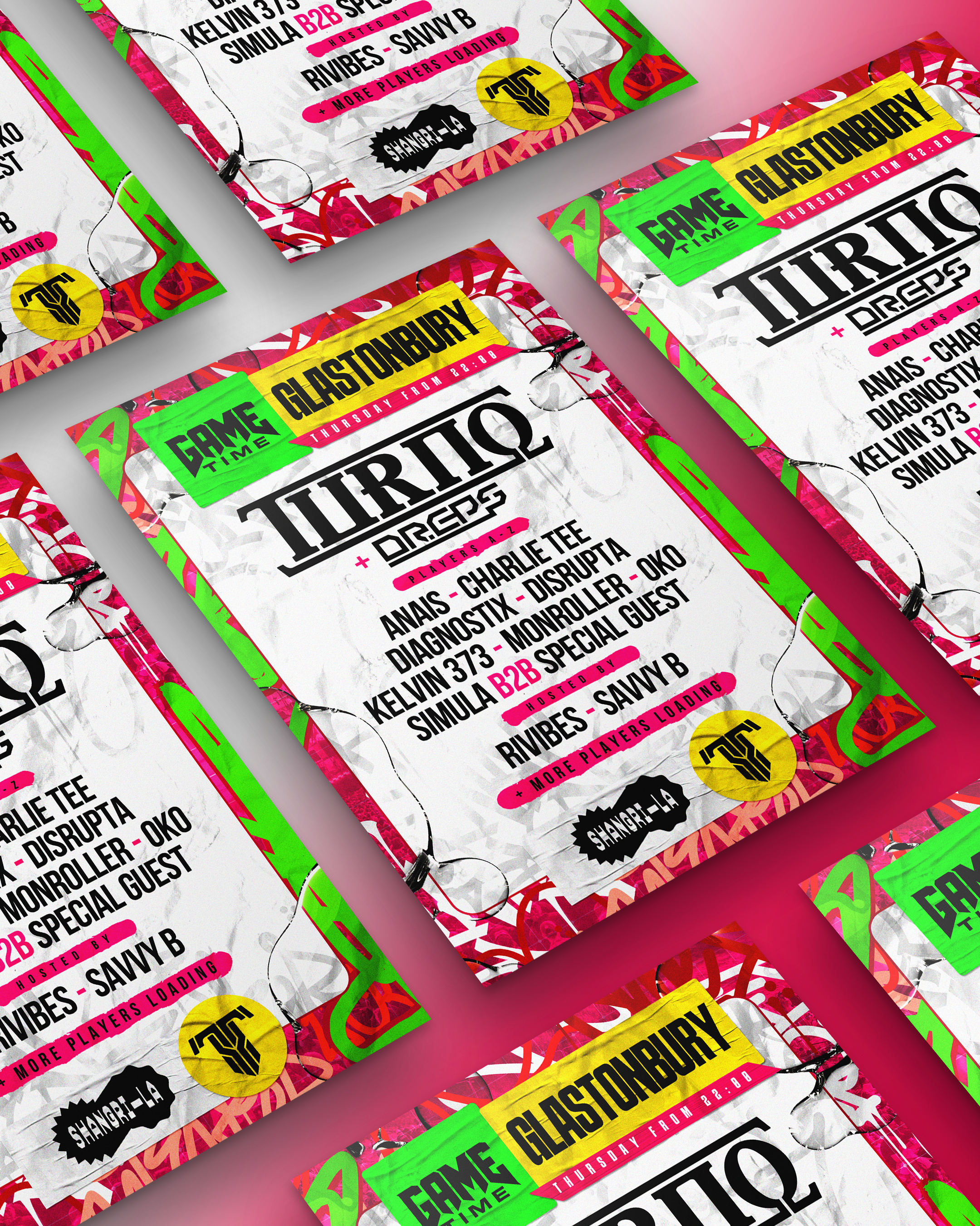 Flyer for an event called 'TORIO' at Glastonbury, hosted by 'Game Time' on Thursday from 8 to 2. The flyer features vibrant colors—pink, green, yellow, and black—with a graffiti-inspired background. The event includes performers like Anais, Charlie T