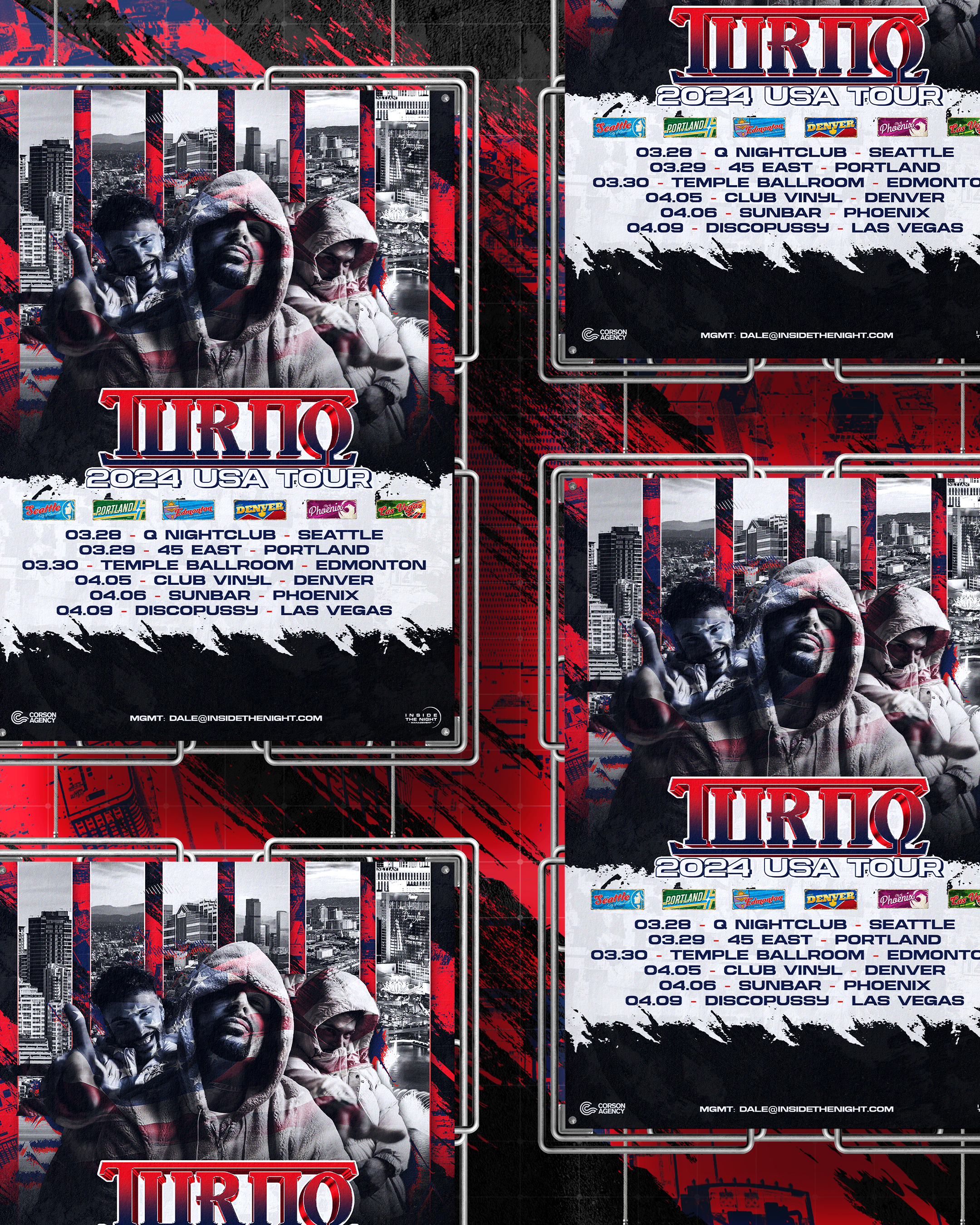 Promotional poster for Turbo's 2024 USA tour featuring three members of the band with a city skyline background, details of tour dates and locations across various cities including Seattle, Portland, Edmonton, Denver, Phoenix, and Las Vegas.