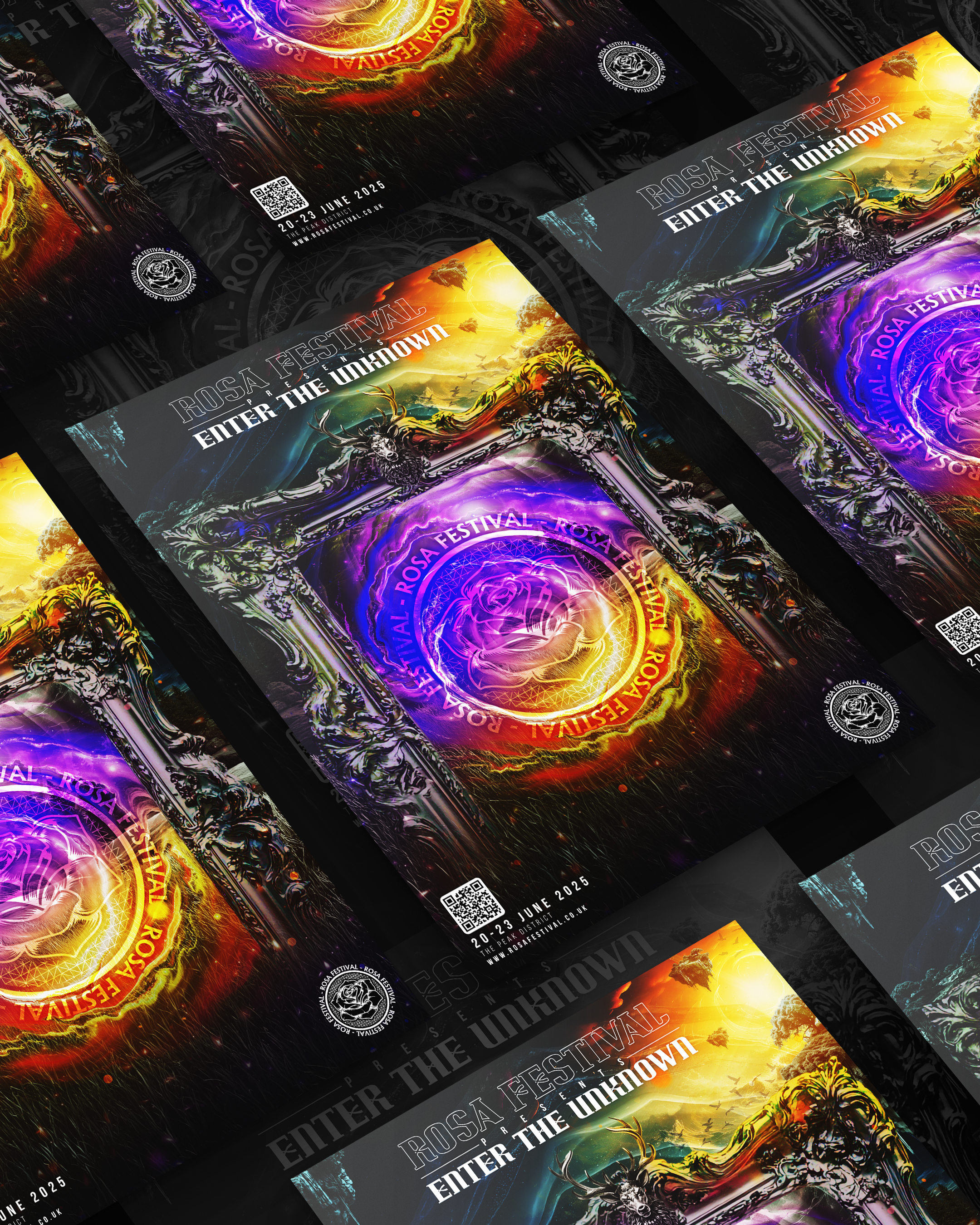 Colorful festival poster for Rosa Festival featuring a mystical glowing rose within an ornate frame, with a sunset landscape, flying birds, and vibrant energy effects in the background. Text reads "Enter the Unknown" and includes event dates June 20-