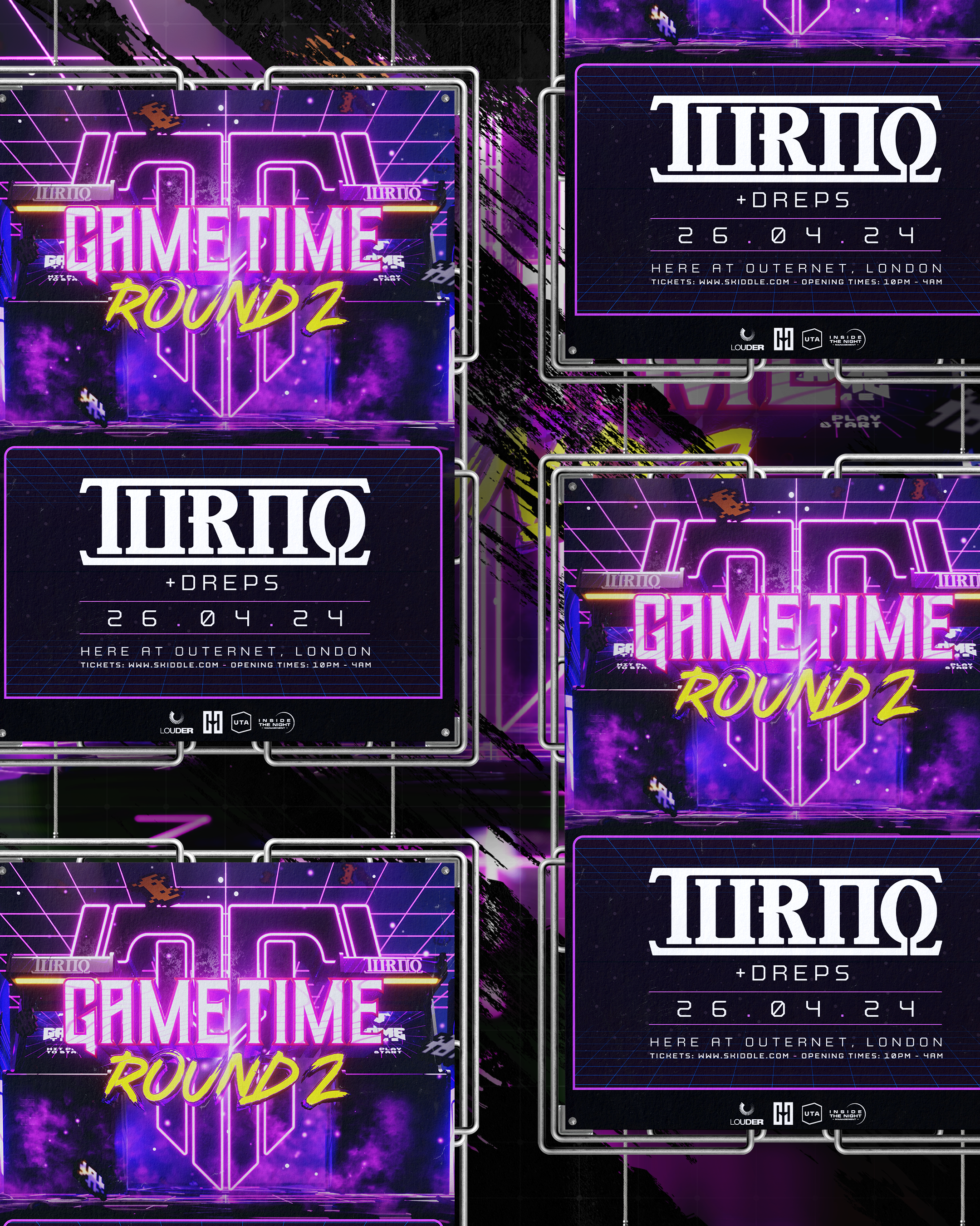 Multiple event posters promoting a gaming tournament called 'GAMETIME ROUND 2' with a neon purple and pink color scheme, featuring geometric designs and a sci-fi theme, along with promotional flyers for an event titled 'TURNO +DREPS' happening on Apr