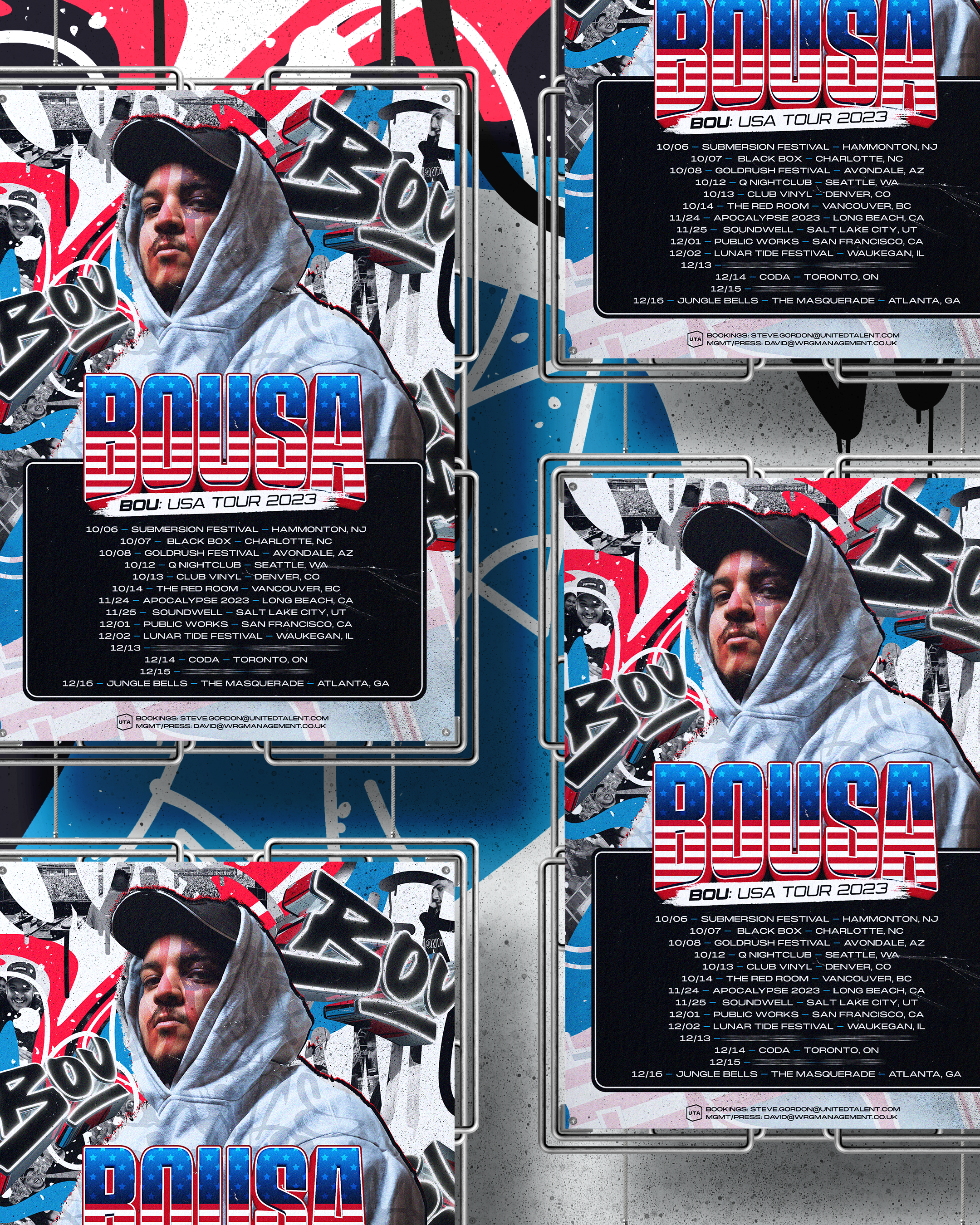 Promotional poster for BOUSA USA Tour 2023 featuring a person wearing a hoodie and cap with graffiti background, and tour dates listed in a black box on a colorful, graffiti-style background.