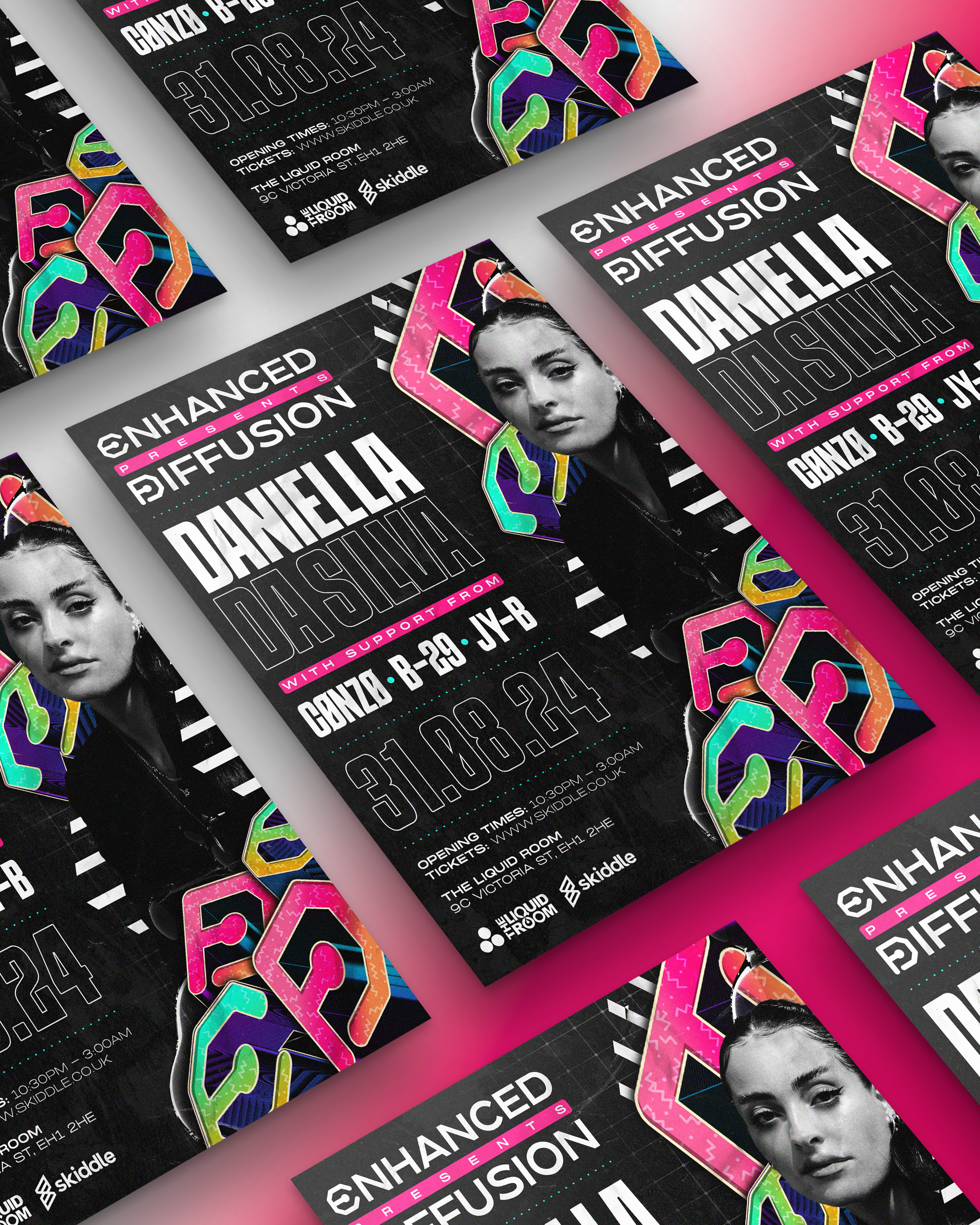 Dance event flyer featuring artist Daniella Dash, with event details, colorful graphics, and a black-and-white portrait of the artist.