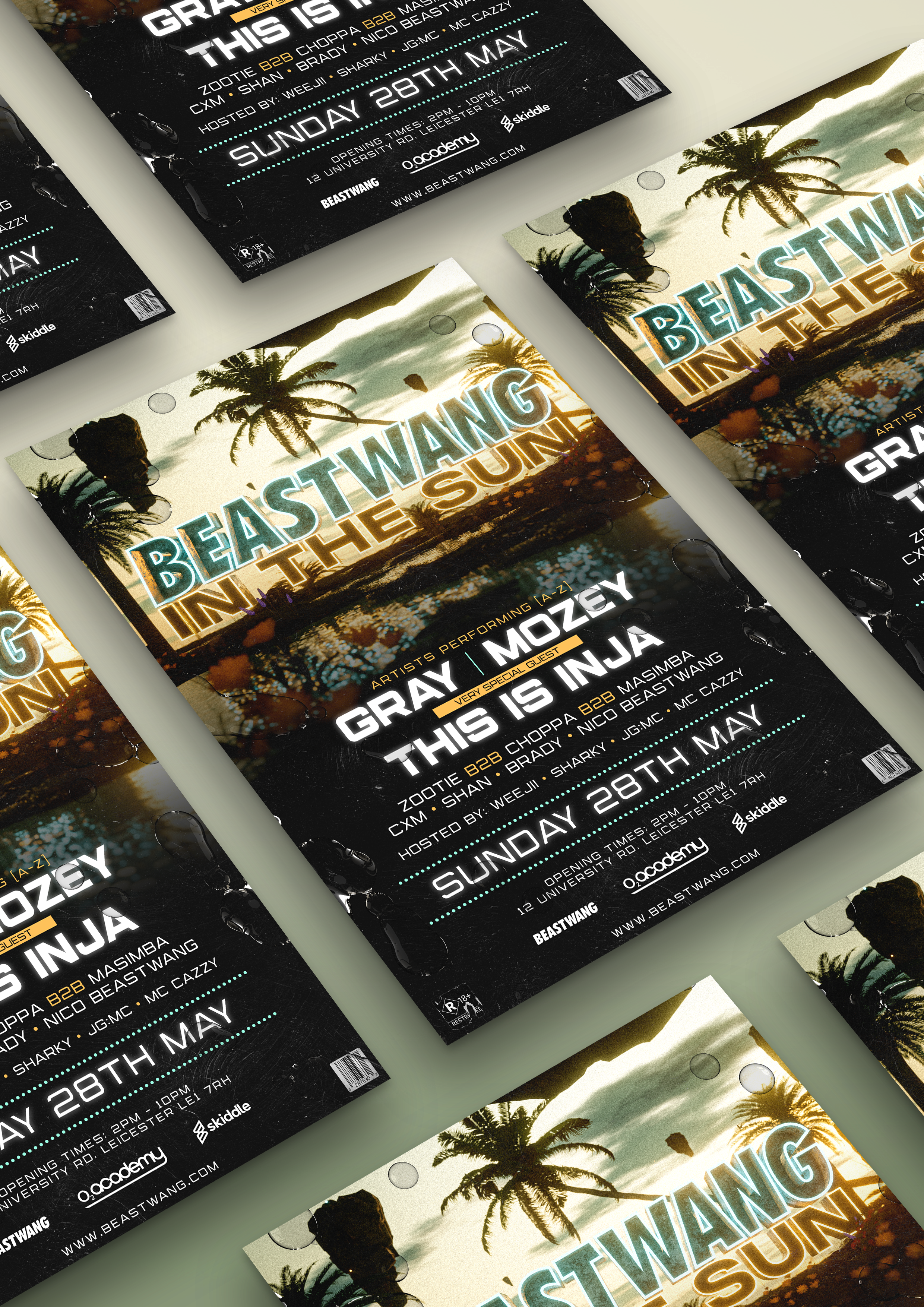 Concert flyer advertising Beastwang in the Sun on Sunday, May 28th, with featured artists Gray, Mozey, and Ninja, and special guest This Is Ninja, scheduled at the University Rd, Leicester from 2pm to 10pm.