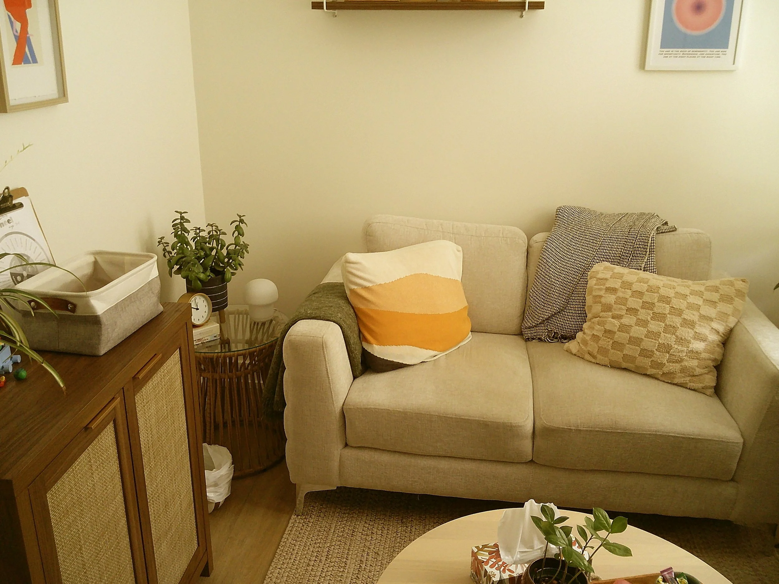 A boho Alberta therapy office with a couch for CBT therapy in Guelph