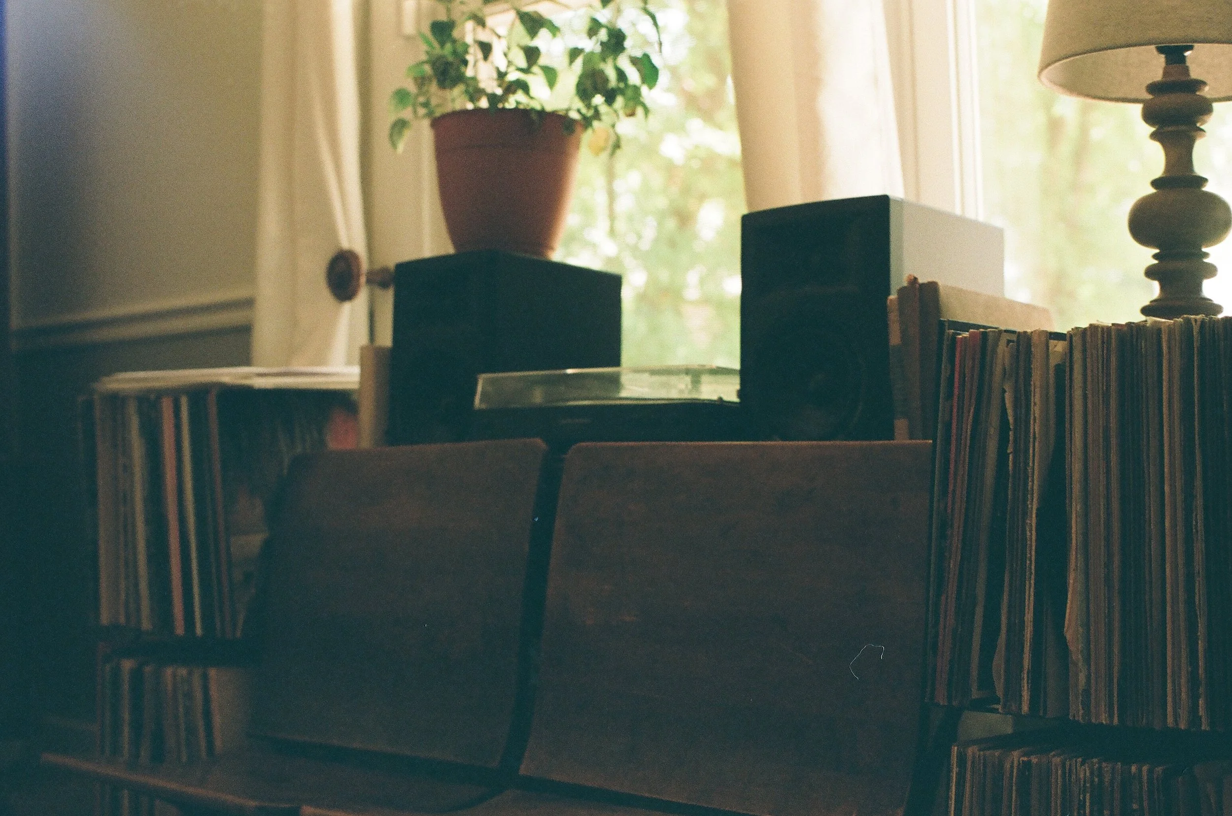A film photo of a couples therapist in downtown Guelph Ontario's office with a record player, plant and seats
