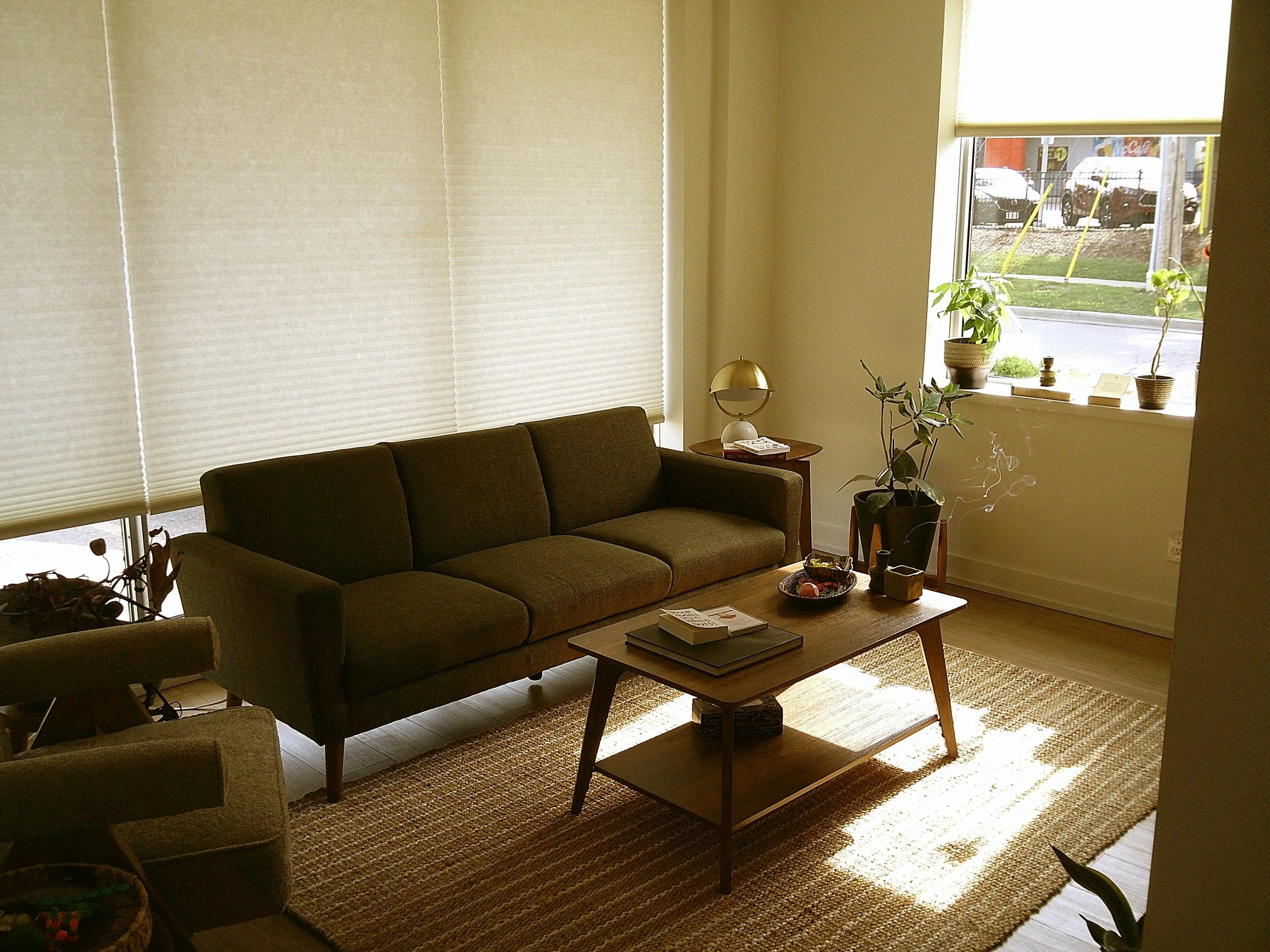 A dark boho Alberta therapy office with a couch for relationship therapy in Guelph