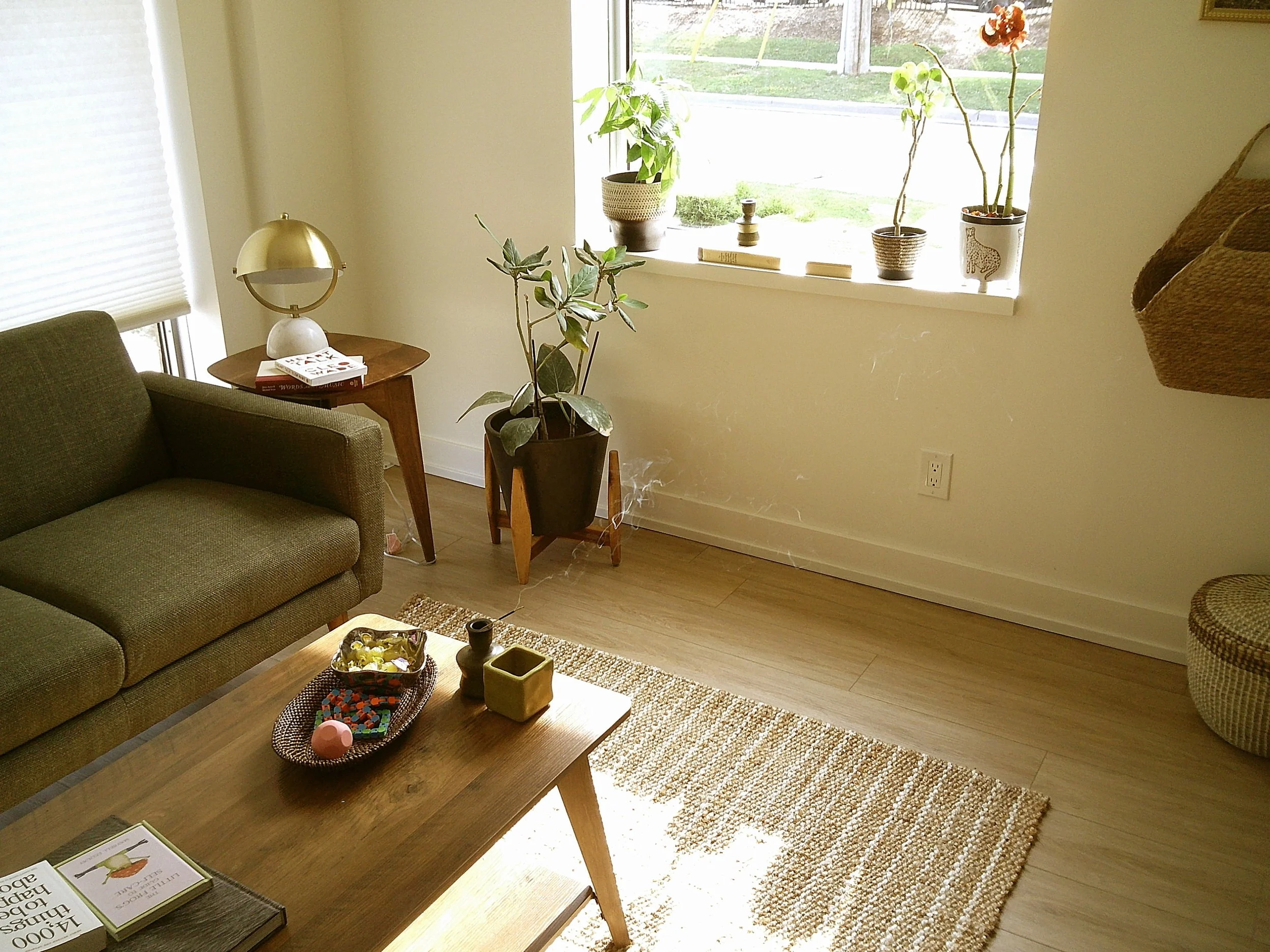 A boho Guelph therapy office corner with a couch and plants for narrative therapy in Ontario