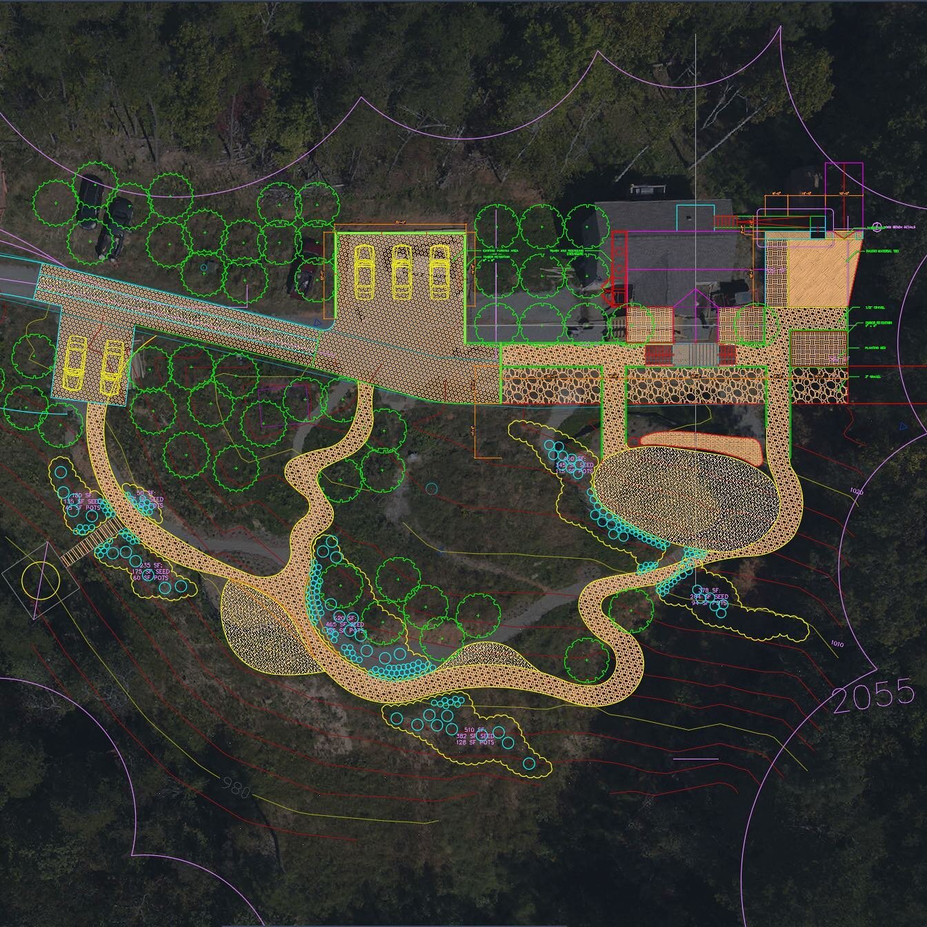 CAD concept plan with progress aerial underlay