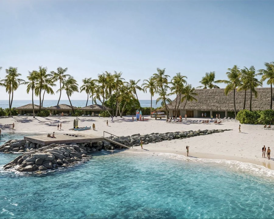 Rendering of the MSC Sandy Cay beachfront with a wooden swim deck on a rock jetty, paddleboards and a thatched beach pavilion