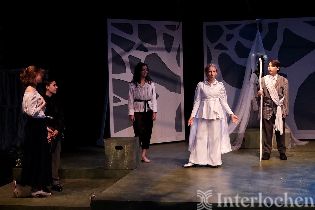(Left to Right) Helena, Demetrius, Hippolyta, Theseus, and Philostrate