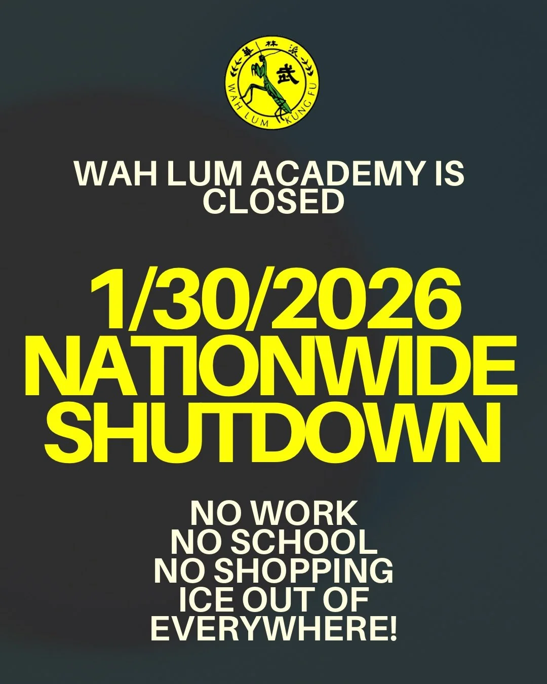 Wah Lum Academy will be closed on 1/30/2026 in solidarity with the Nationwide Shutdown. 

We stand for *all* immigrants, and we stand for our constitutional rights. 
As martial artists, we believe in always acting with honor and integrity. We will co
