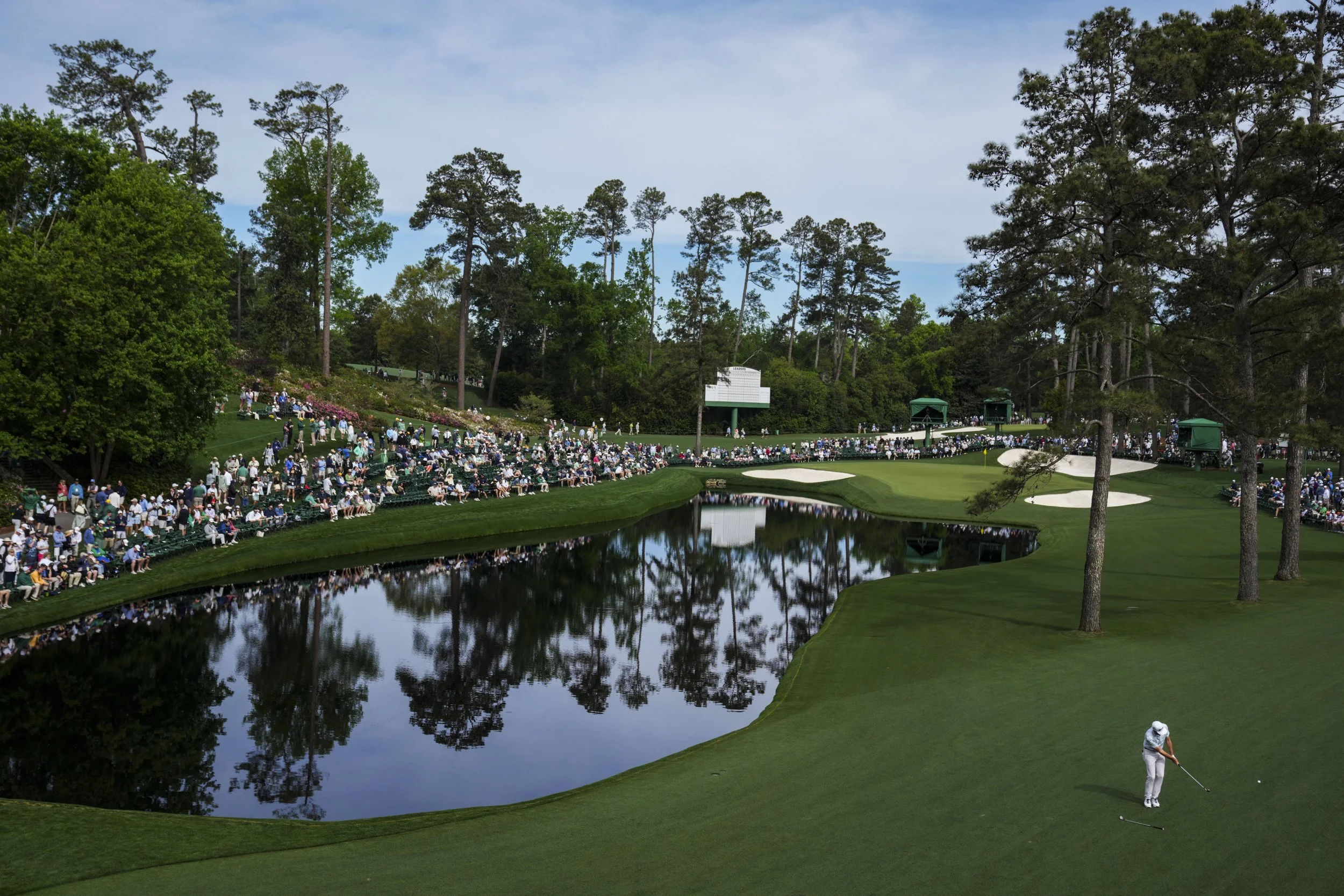 Keegan Bradley chips onto the no. 15 green Tuesday, April 7, 2026, during a practice round for the Masters Tournament at Augusta National Golf Club. Mandatory Credit: Grace Smith-Imagn Images