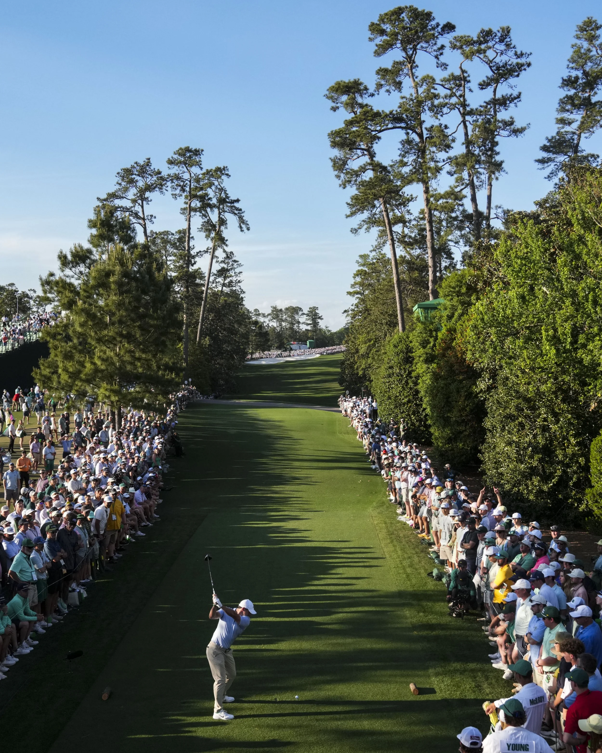 Rory McIlroy tees off on the 18th tee Sunday, April 12, 2026, during the final round of the Masters Tournament at Augusta National Golf Club. Mandatory Credit: Grace Smith-Imagn Images
