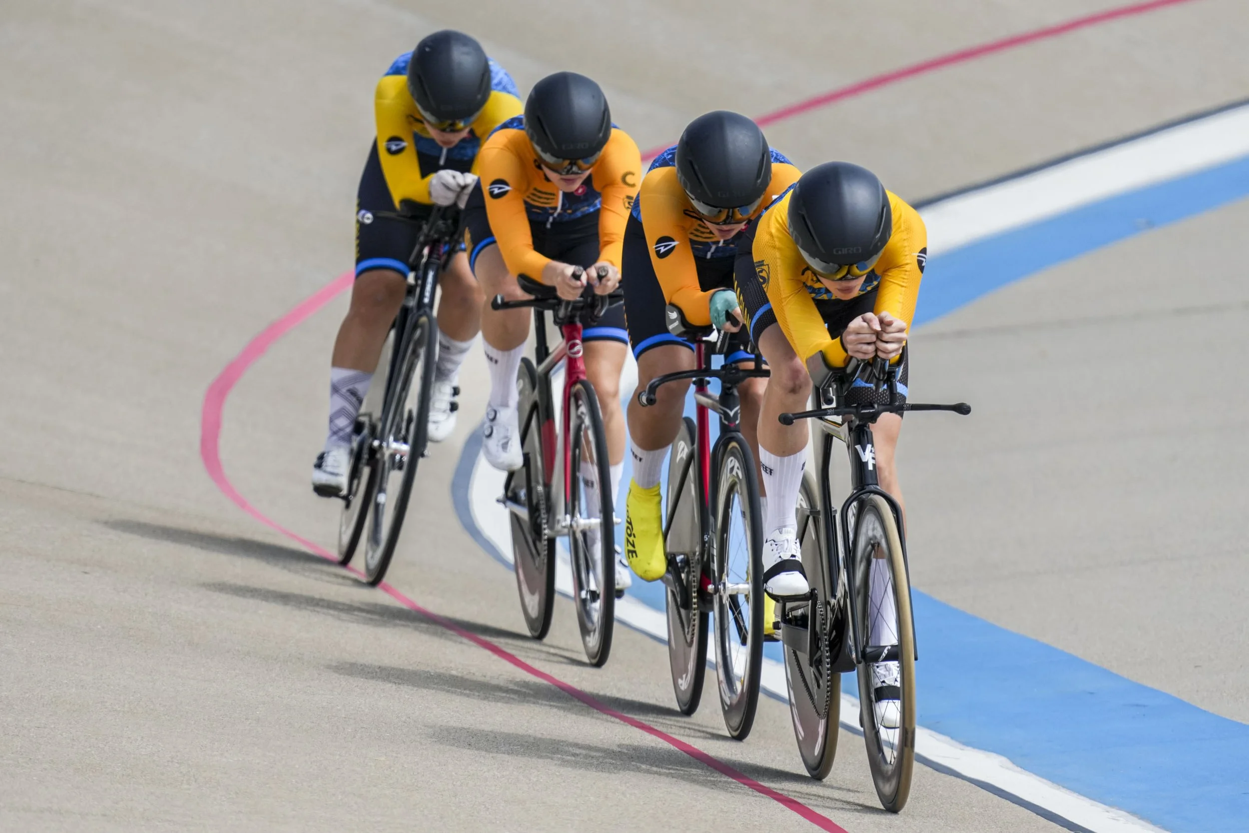 Stephanie Lawrence leads the team around the track during the team pursuit on day one of the 2025 Collegiate Track National Championships at Major Taylor Velodrome in Indianapolis, Ind., on Thursday, Sept. 11, 2025. Marian University took first place