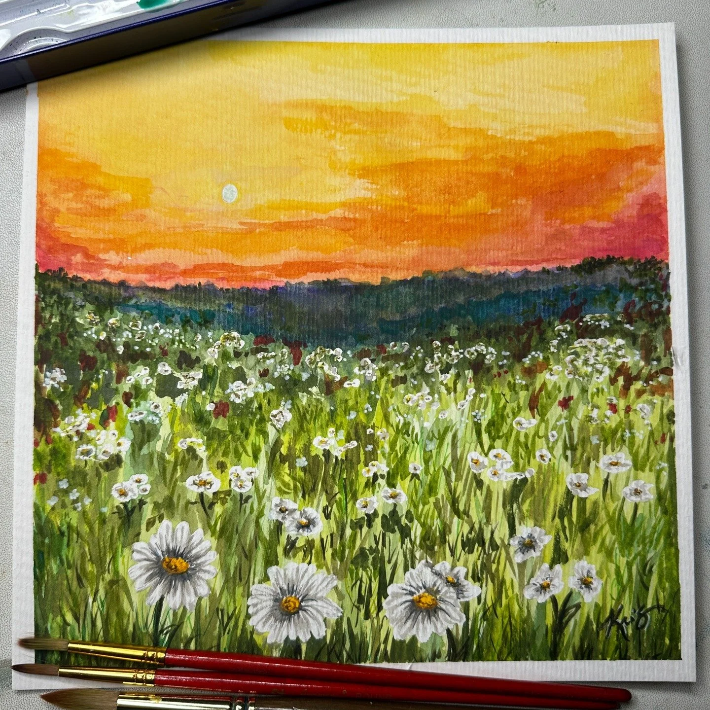 Nothing says summer like daisies and a glowing sunset. This watercolor is full of those simple, happy vibes&mdash;perfect for bringing a little sunshine indoors. 😍 If you are interested in this piece, send me a DM or say &quot;ME&quot; in the commen