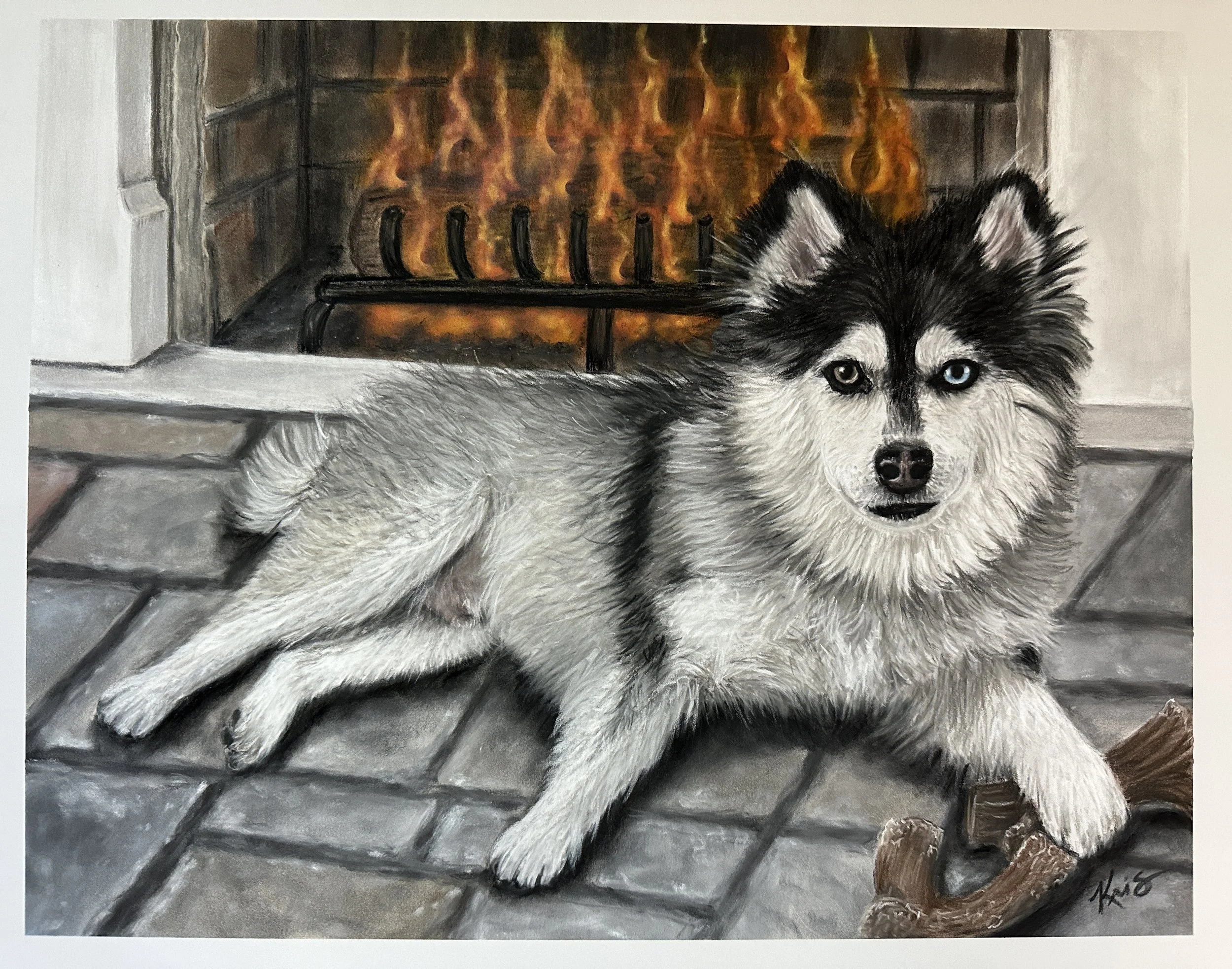 Dog portrait in front of a fireplace