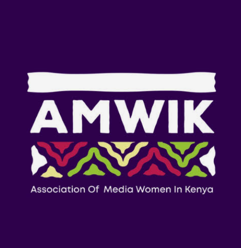 Purple AMWIK logo with large white lettering, a colourful patterned strip beneath the name, and the words ‘Association Of Media Women In Kenya.