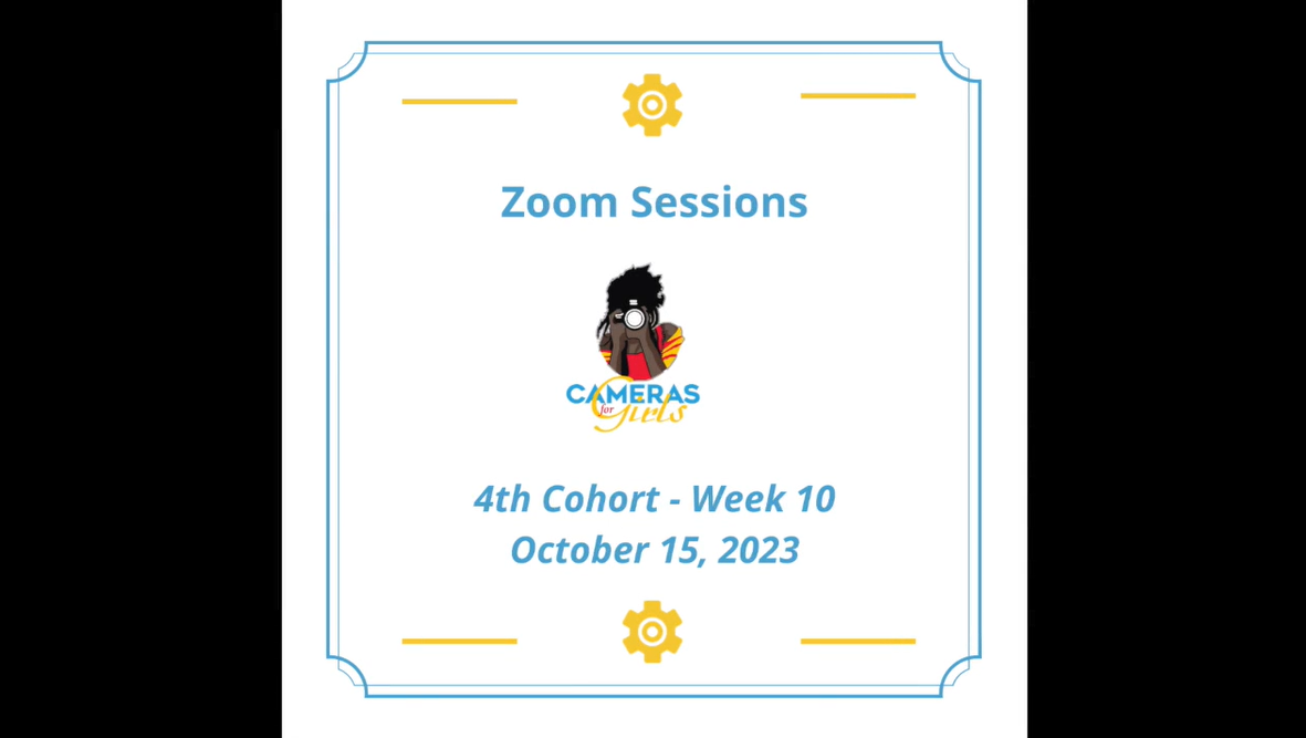 Zoom session slide for Cameras for Girls, 4th Cohort, Week 10, dated October 15, 2023, with a logo of a girl holding a camera.