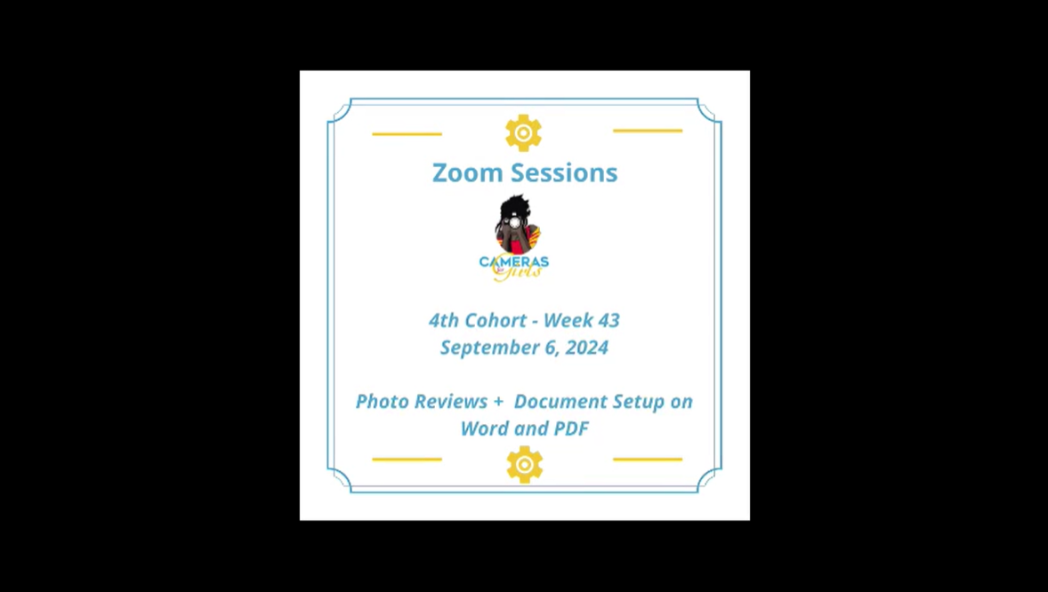 A digital poster for a zoom session titled "Photo Reviews + Document Setup on Word and PDF," scheduled for September 6, 2024, with details about a cohort week, featuring a logo with a cartoon woman and colorful text, surrounded by a decorative border with gears and lines.