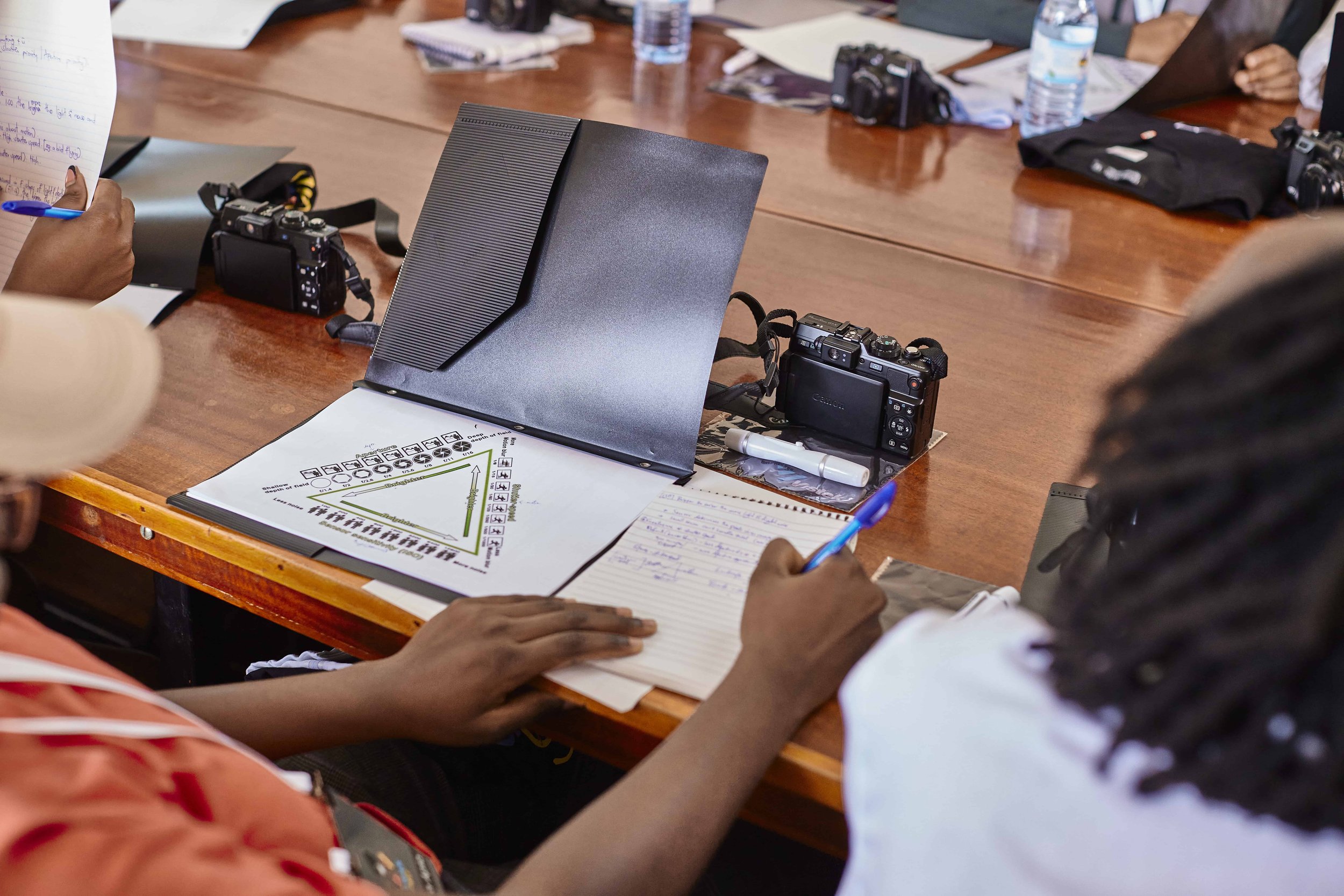 People sitting around a wooden conference table with cameras, water bottles, notebooks, papers, pens, and a computer monitor in a meeting or discussion.
