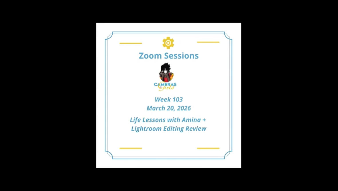 Zoom session announcement for week 103 on March 20, 2026, about life lessons with Amina and Lightroom editing review, featuring a person with glasses and black hair, wearing a red shirt with yellow details.