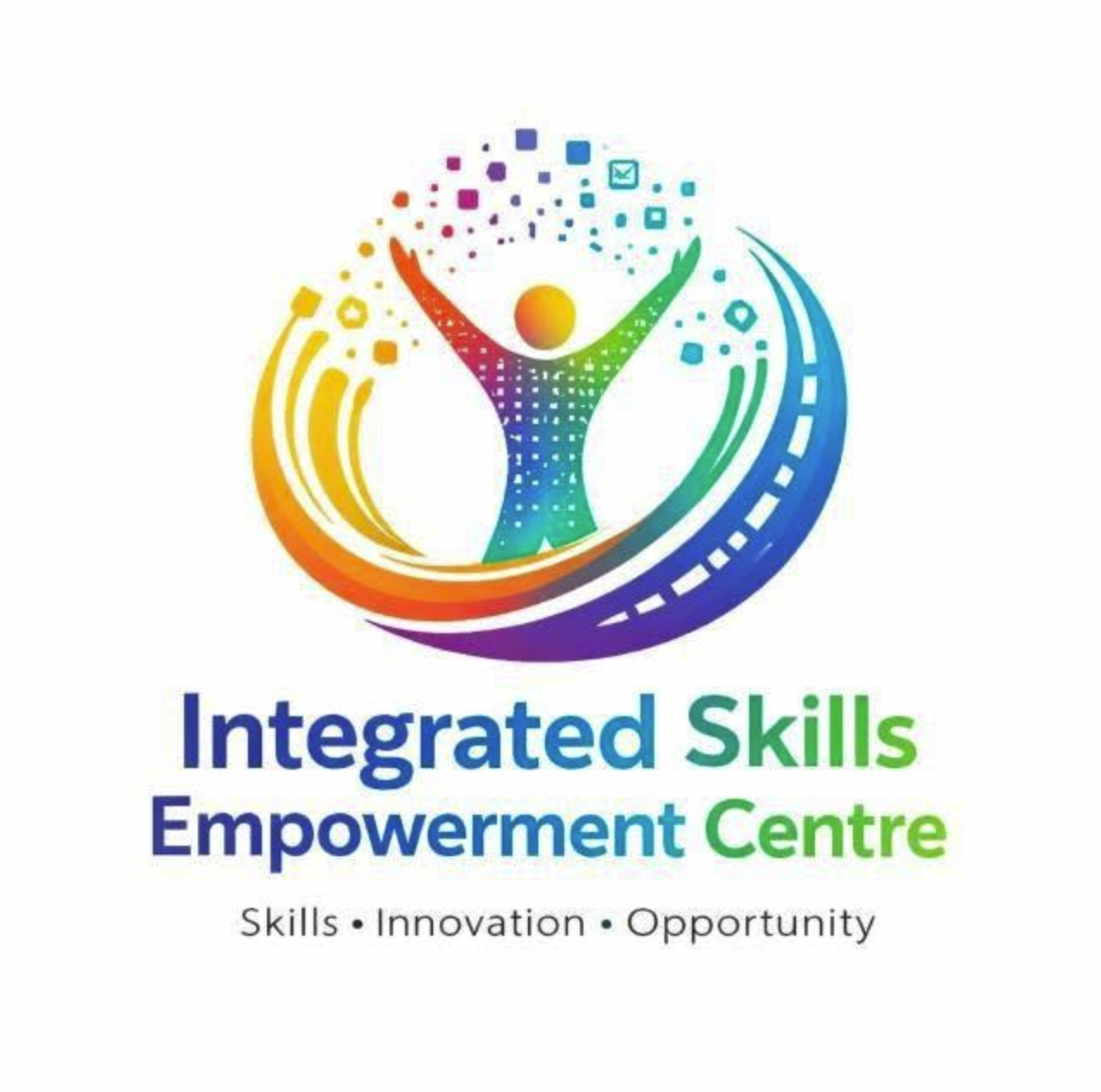 Colourful logo featuring a human figure with raised arms surrounded by curved rainbow shapes and digital-style squares, above the words ‘Integrated Skills Empowerment Centre’ and ‘Skills • Innovation • Opportunity.’