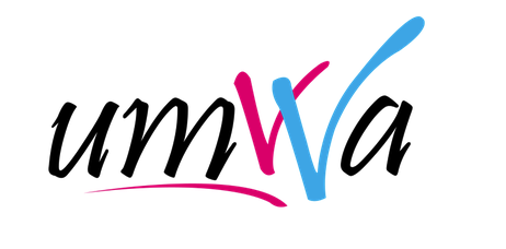 UMWA logo with black handwritten-style lettering, a pink accent line, and overlapping pink and blue strokes forming the central letters.