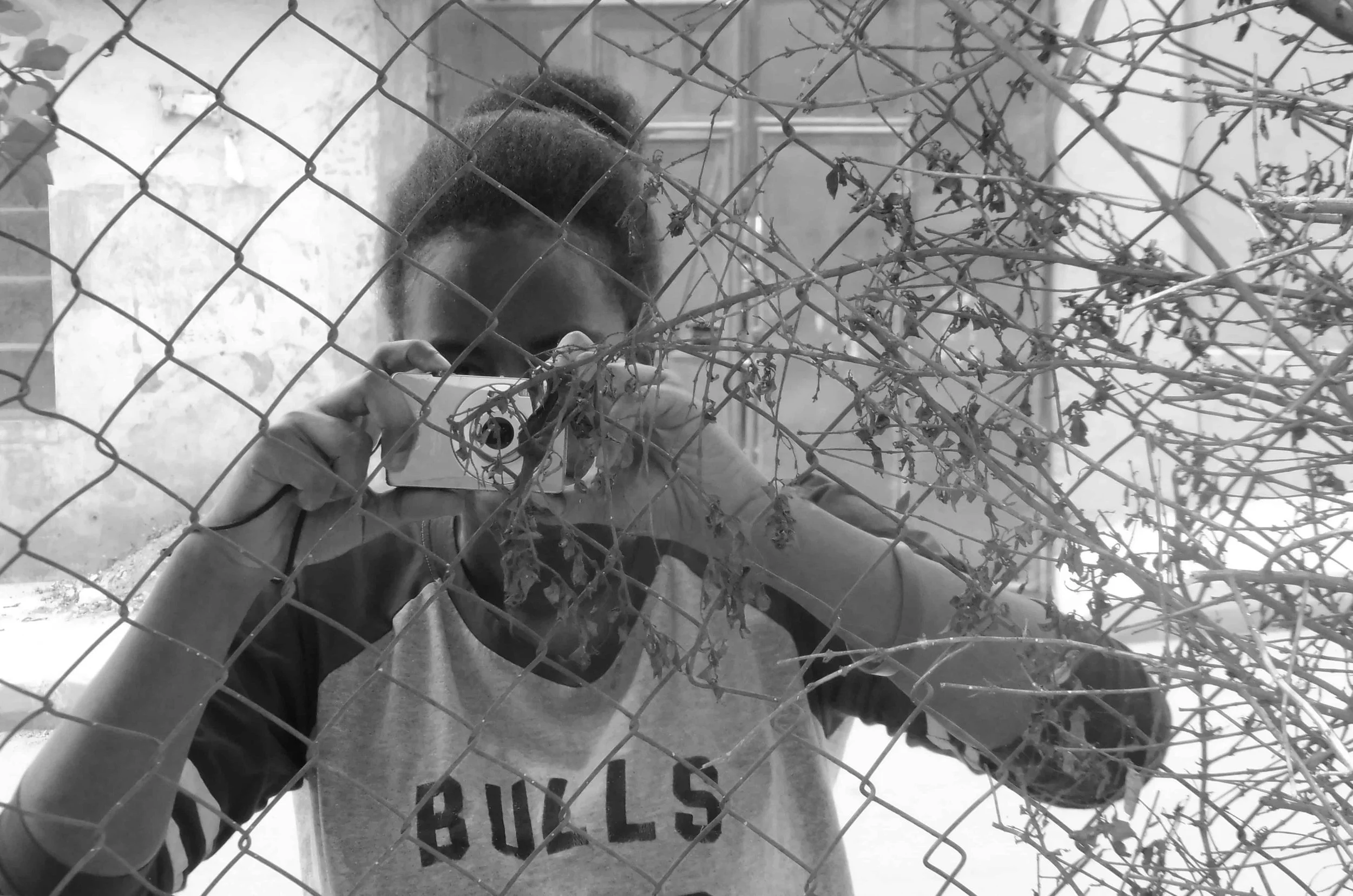 Person taking a photograph through a chain-link fence, with some branches and leaves in the foreground.