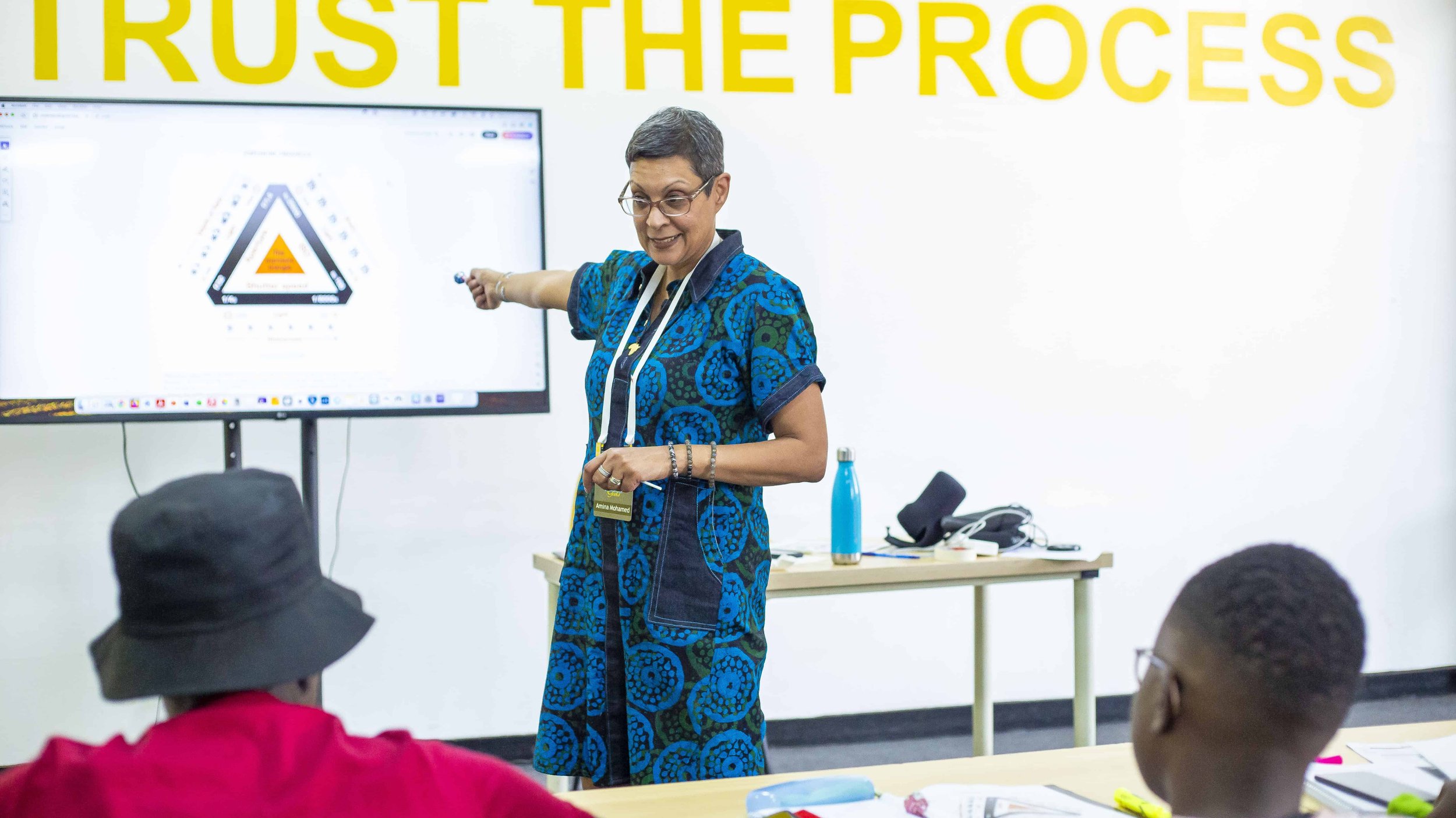 A woman in a blue patterned dress and glasses is giving a presentation in front of a classroom, pointing at a screen with a diagram. The background has large yellow text that says 'TRUST THE PROCESS'.