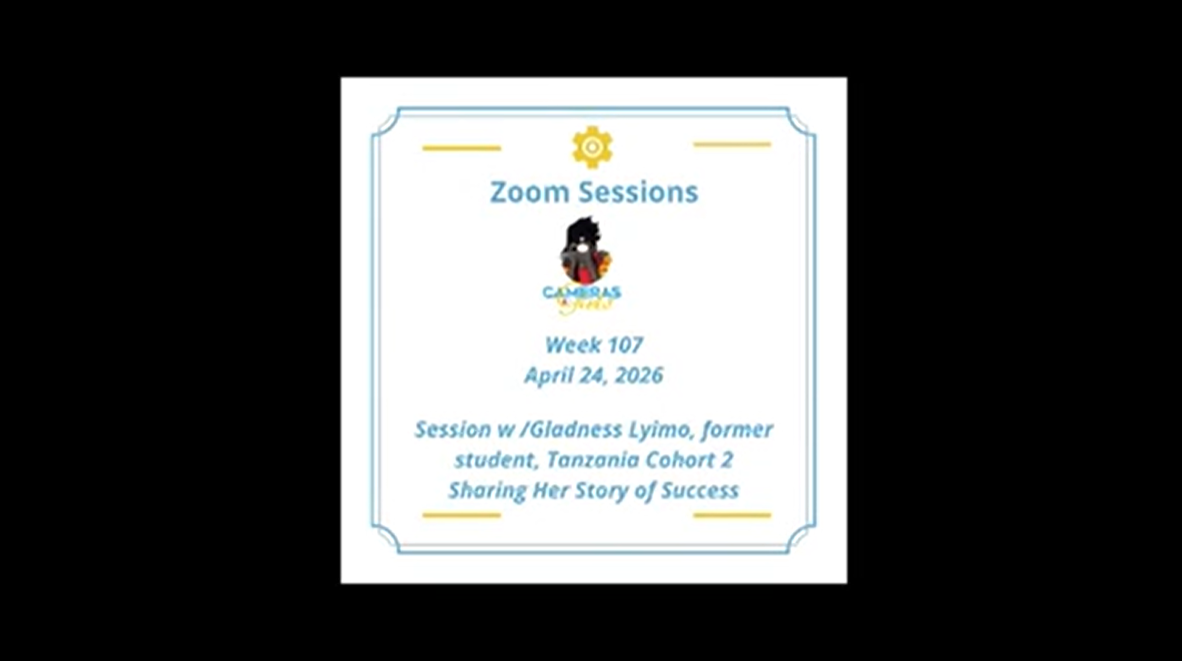 Zoom session announcement slide with event details and a cartoon character holding a book.