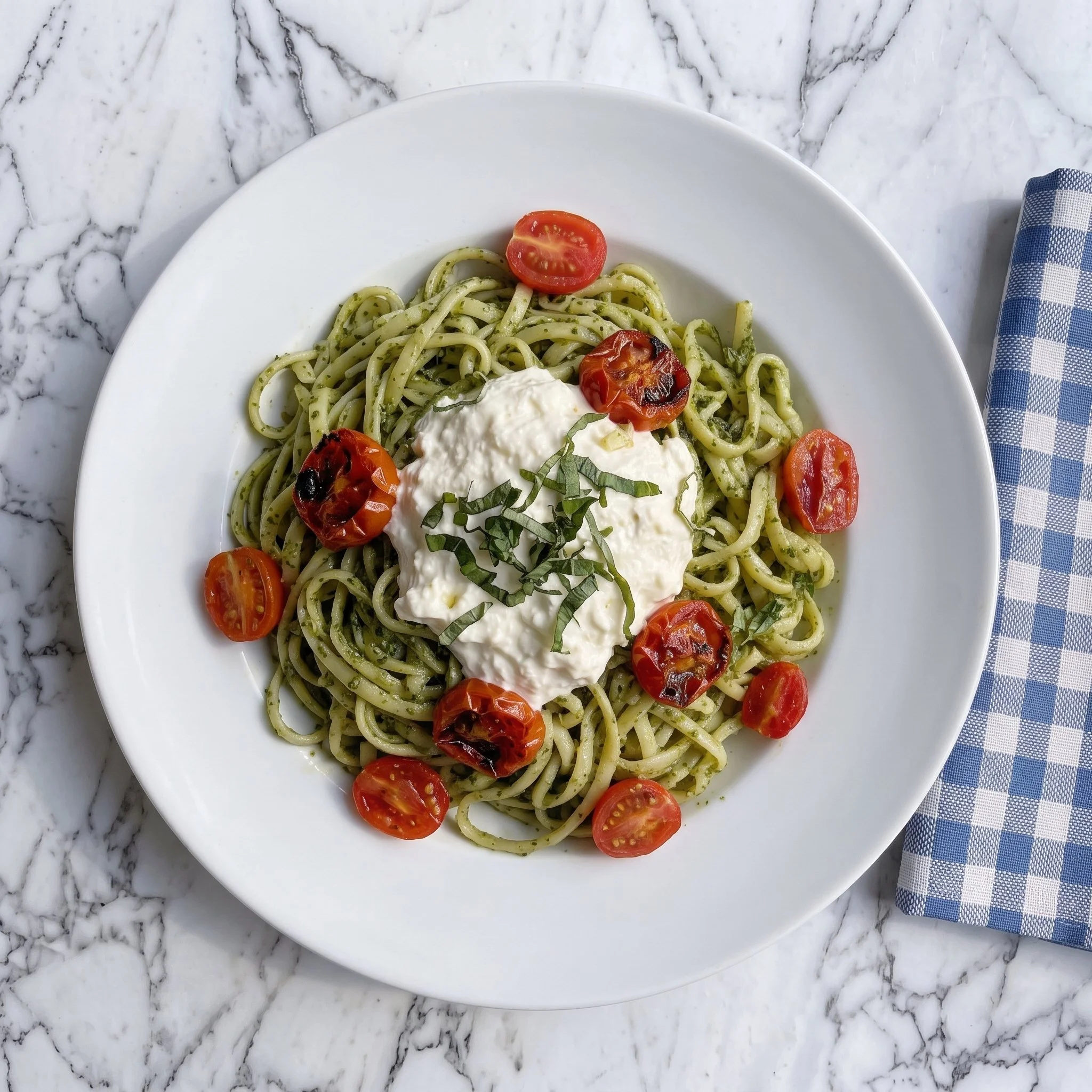 A white plate of spaghetti with green pesto sauce, cherry tomatoes, and a dollop of creamy white cheese or sauce, garnished with basil leaves, on a marble surface with a blue checkered napkin nearby.