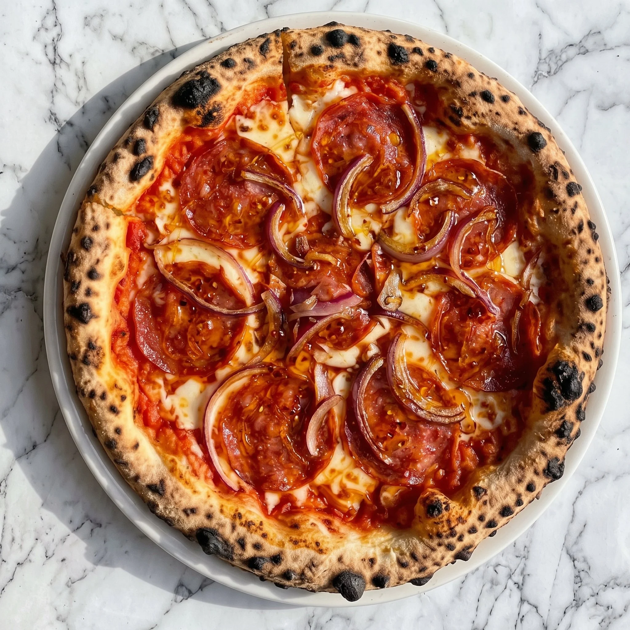 Il Milele pizza, hot honey pizza with spicy cacciatore, mozzarella, chilli flakes and hot honey drizzle. A pizza with pepperoni, onions, red peppers, and cheese on a thin crust, served on a white plate on a marble countertop. it's a heartbreaker 