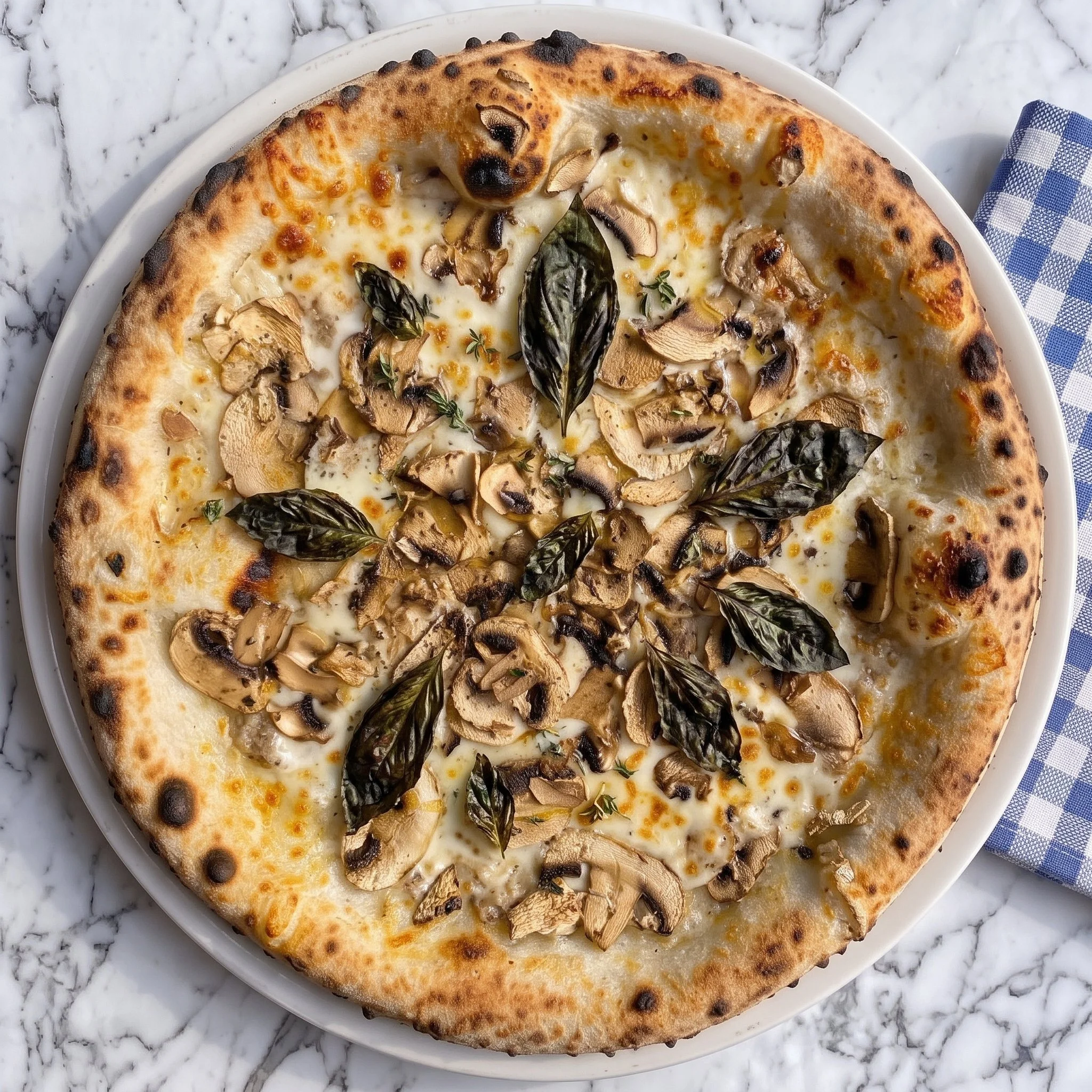  mushroom and cheese pizza on a white plate, placed on a marble surface with a blue checked napkin nearby.