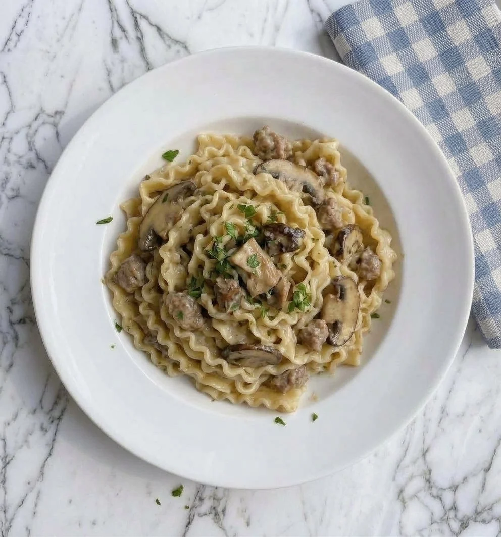 Mafalde alla Grand, Fettuccine pasta with mushroom and sausage garnished with chopped basil on a white plate.